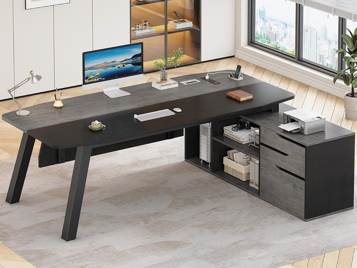 71" L Shaped Executive Desk with File Cabinet & Power Outlet | Computer Desk with 3 Storage Drawers, Adjustable Shelves, CPU Stand, Privacy Baffle, Modern Desk for Home Office, Gray
