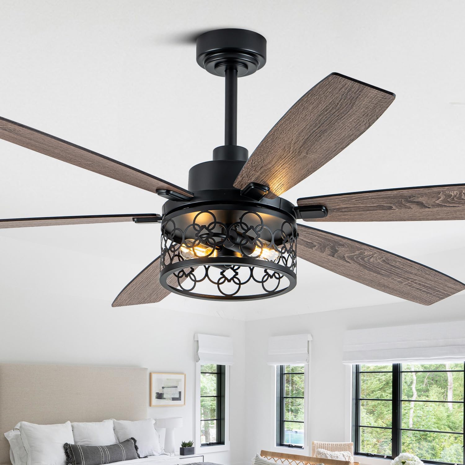 60 Inch Farmhouse Ceiling Fan with Light Industrial Ceiling Fan Rustic Caged Chandelier Fan for Living Room Bedroom Patio