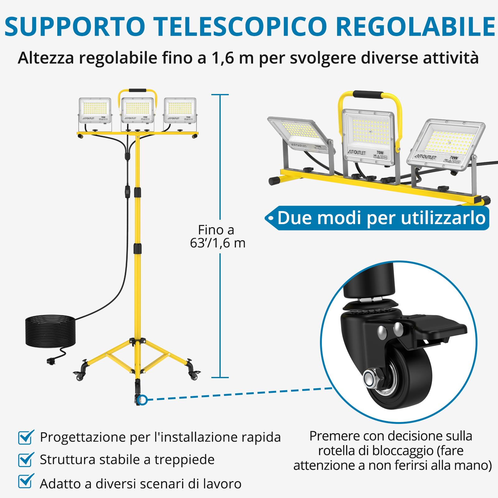 AUTOUTLET 3x 70W 23504LM Faro da Cantiere con Treppiede Allungabile e Ruote | Faretto Led da Esterno con Interruttore e Cavo di Alimentazione da 5 M,IP66 Impermeabile,per Garage Officina Campeggio