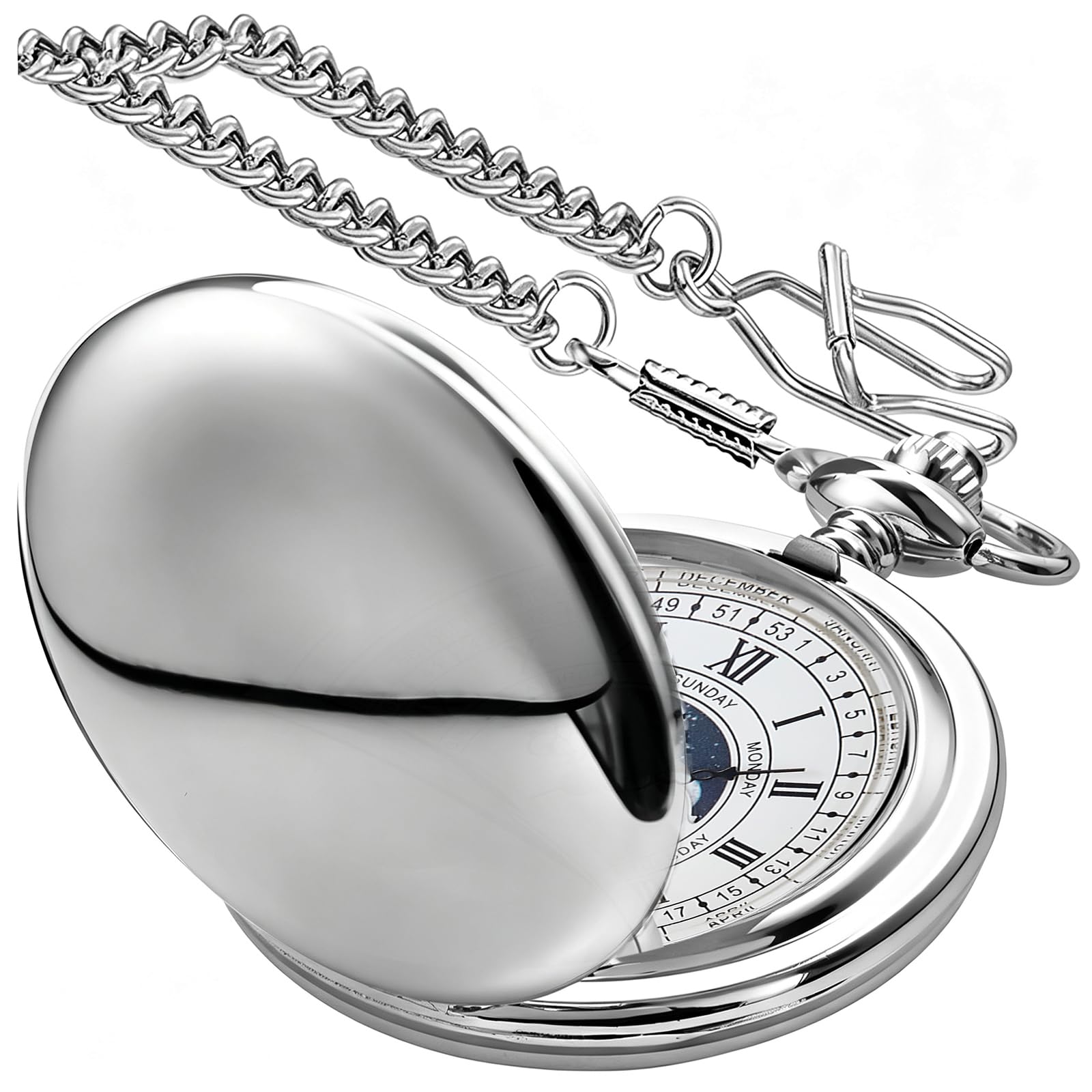 Reloj de bolsillo liso, calendario de fase lunar, números romanos, escala de cuarzo, relojes de bolsillo con cadena, los mejores regalos, color plateado