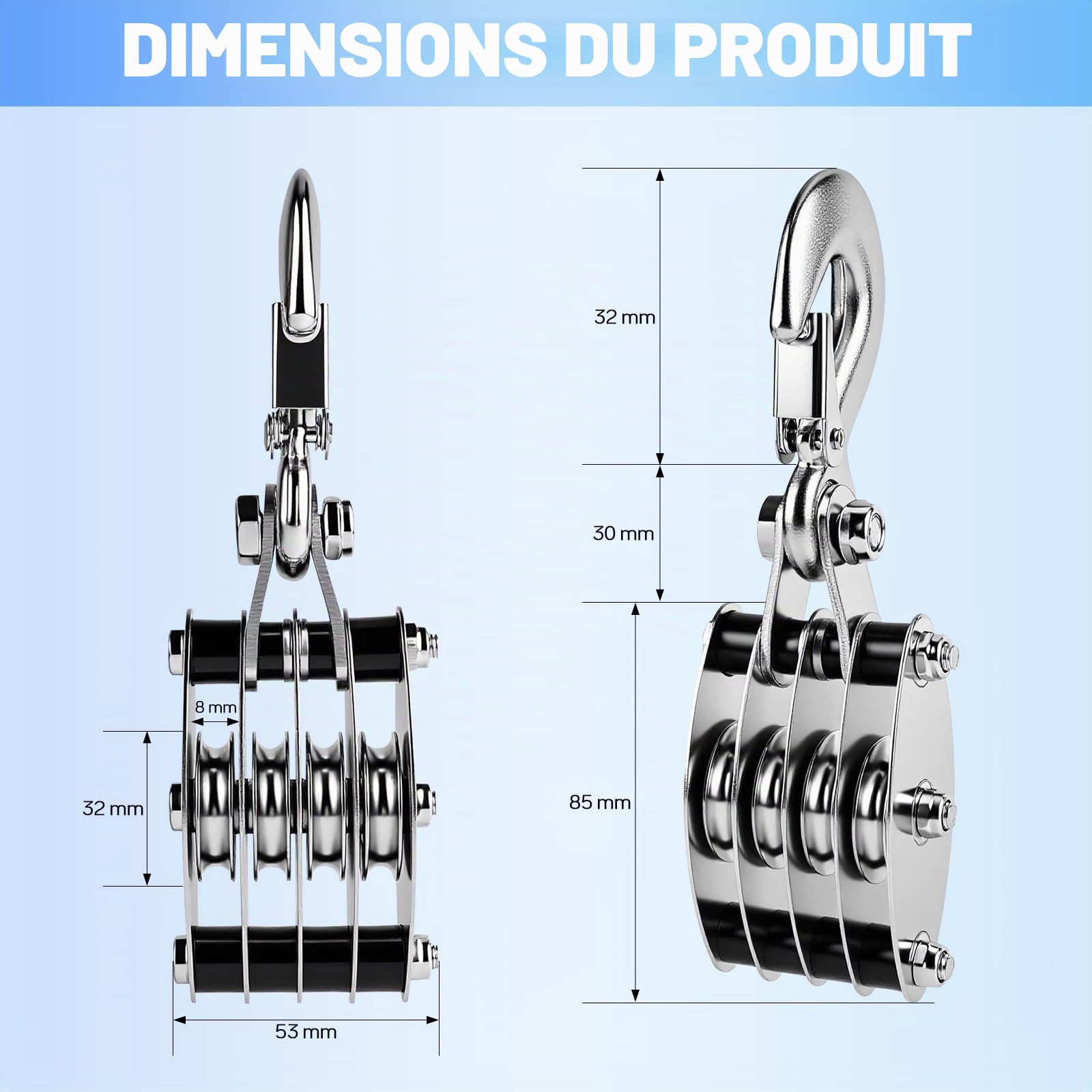 Palan à poulie pour Charge Lourde, 2000 kg Max. Câble Manuel 8:1, système de poulie avec 20 m de Nylon, jusqu'à 2,5 m de Hauteur, Rotatif à 270°, pour Chasse, garages, entrepôts