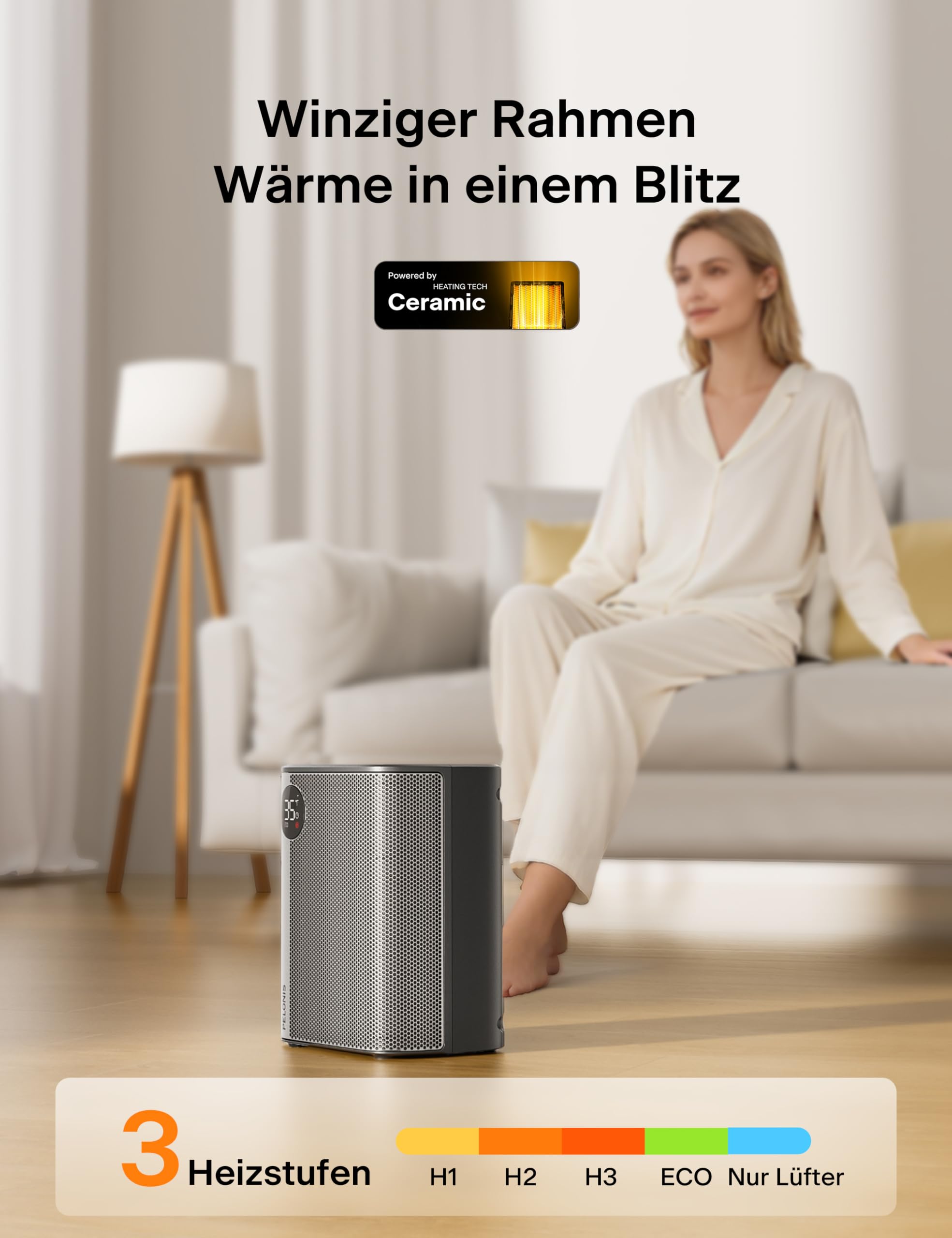 PELONIS Mini termoventilatore in ceramica, 2000 W con telecomando, riscaldamento rapido 2S, 5 livelli con modalità ECO, display LED, riscaldamento da tavolo ultra silenzioso per ufficio e casa