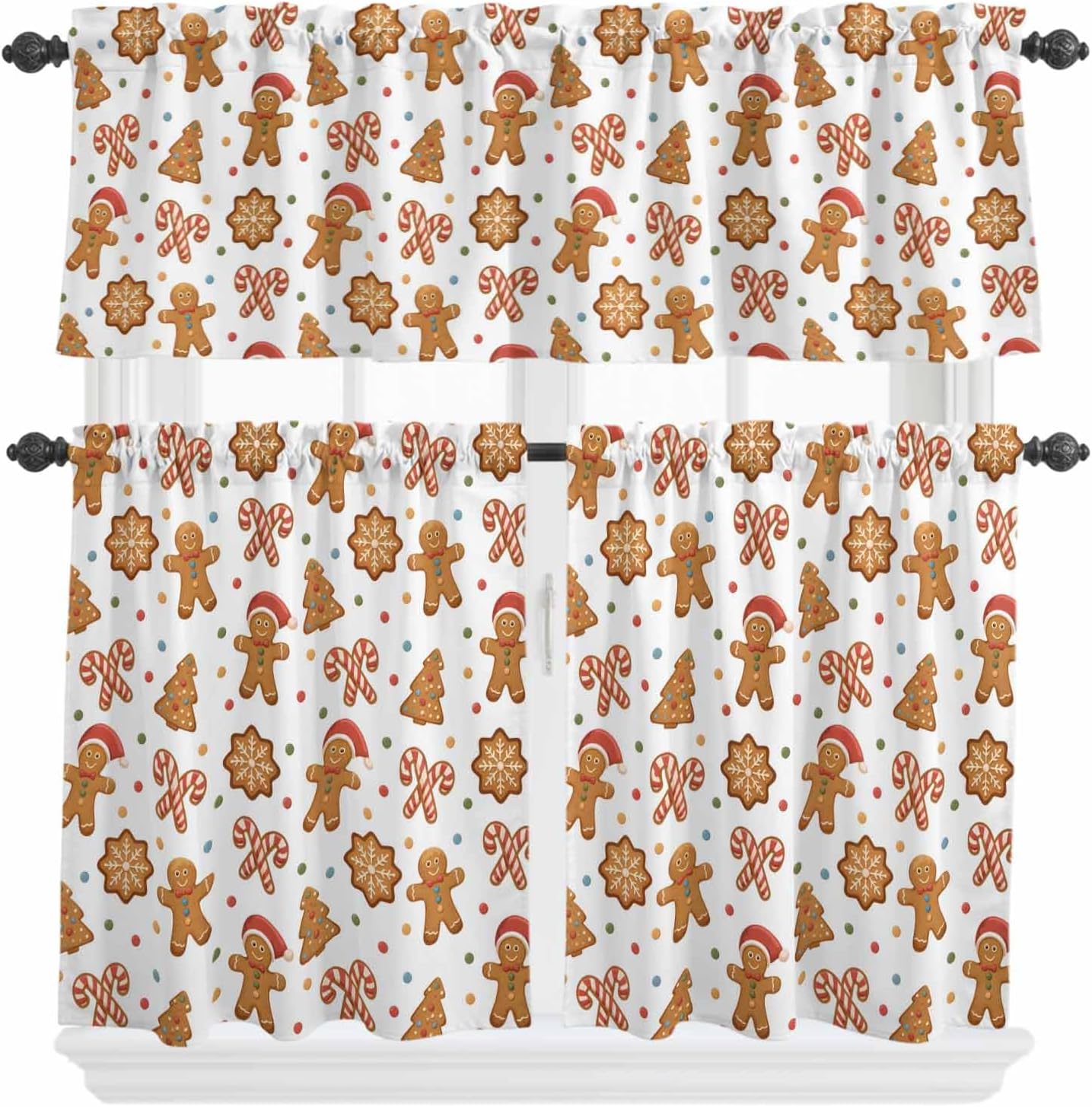 YOKOU Kitchen Curtains and Valances Set, Christmas Gingerbread Man Winter Short Rod Pocket 3 Pieces Window Curtain Set for Bedroom, Bathroom, 24 Inch Long