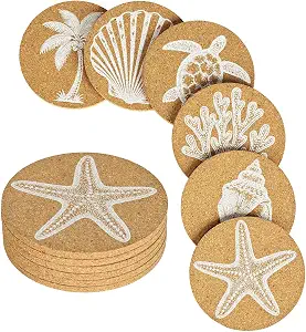 Galigali 6 Pcs Coastal Cork Coasters for Drinks, Beach Sea Shell Printed