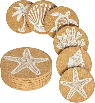 6 Pcs Cork Coasters for Drinks, Beach Sea Shell Decor