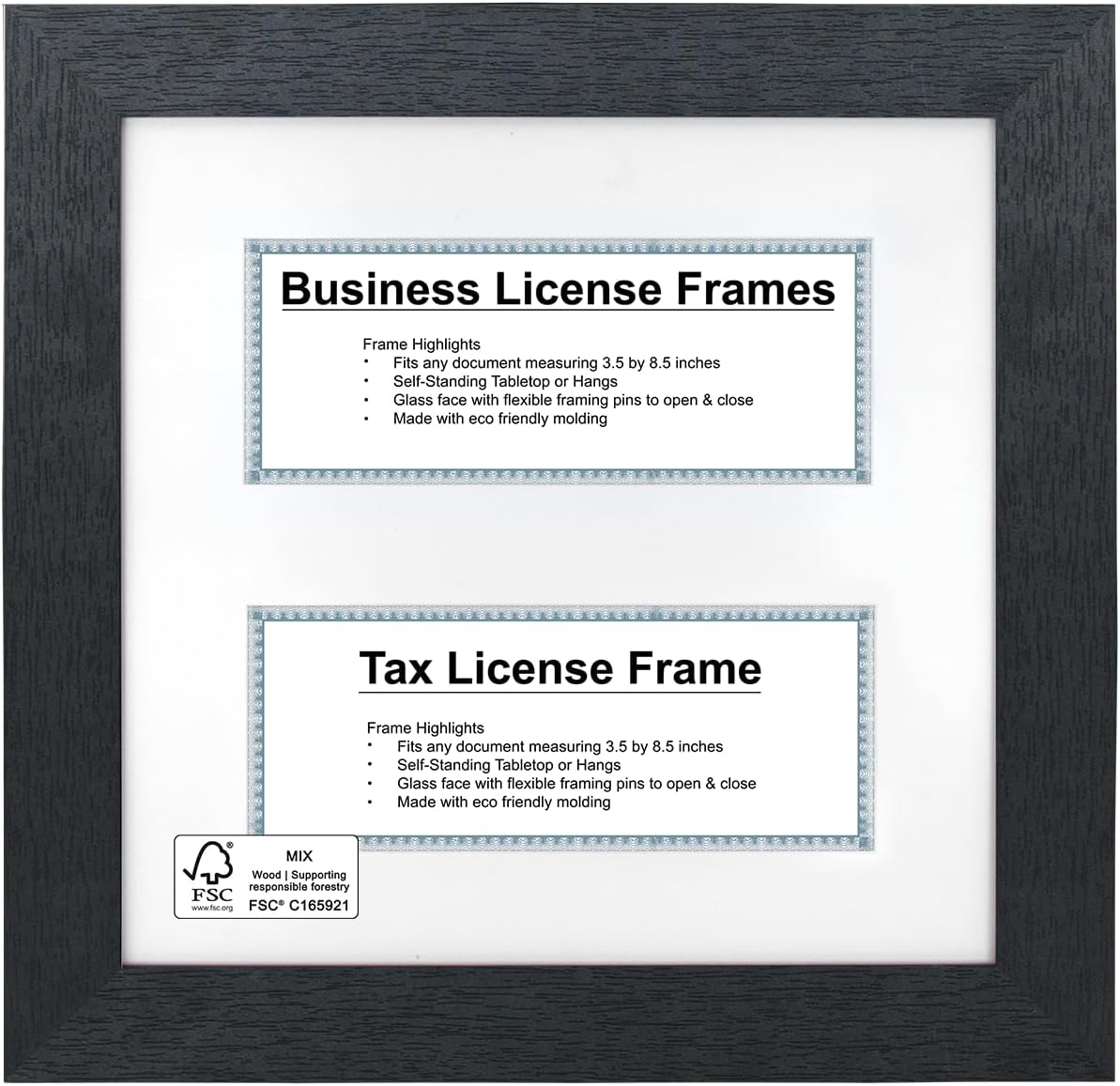Boarding 11x11 Black Double Business License Frame, for 3.5x8 Standard Licenses with Mat, Wall Hanging or Tabletop Display, 1 Pack