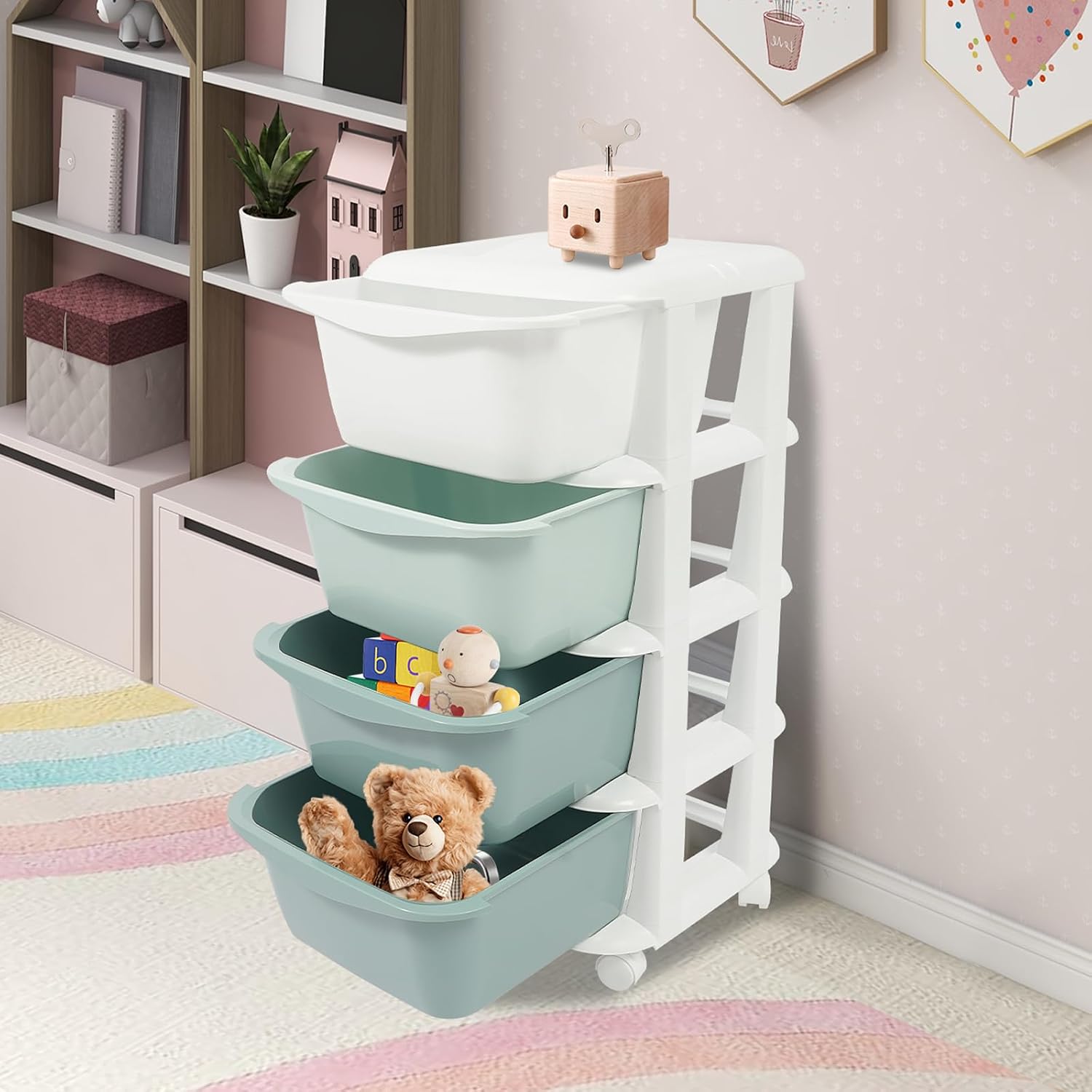 4 Tier Gradient Organizer Storage Box with Wheels Pushable,Kids Storage Unit,Toy Organizer for Kids Bedroom Living Room for Boys Girls Toddlers,Gradient Green