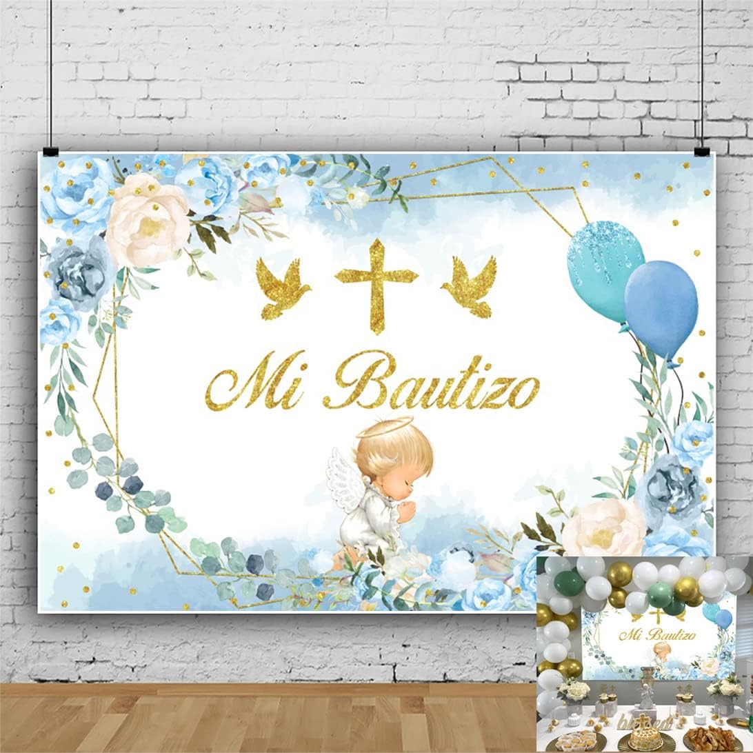 Mi Bautizo Baptism Backdrop 10x8ft First Holy Communion Christening Decorations Blue Flower Cute Angel God Bless Background for Boy Vinyl Mi Primera Comunion Banner Photo Shoot Props