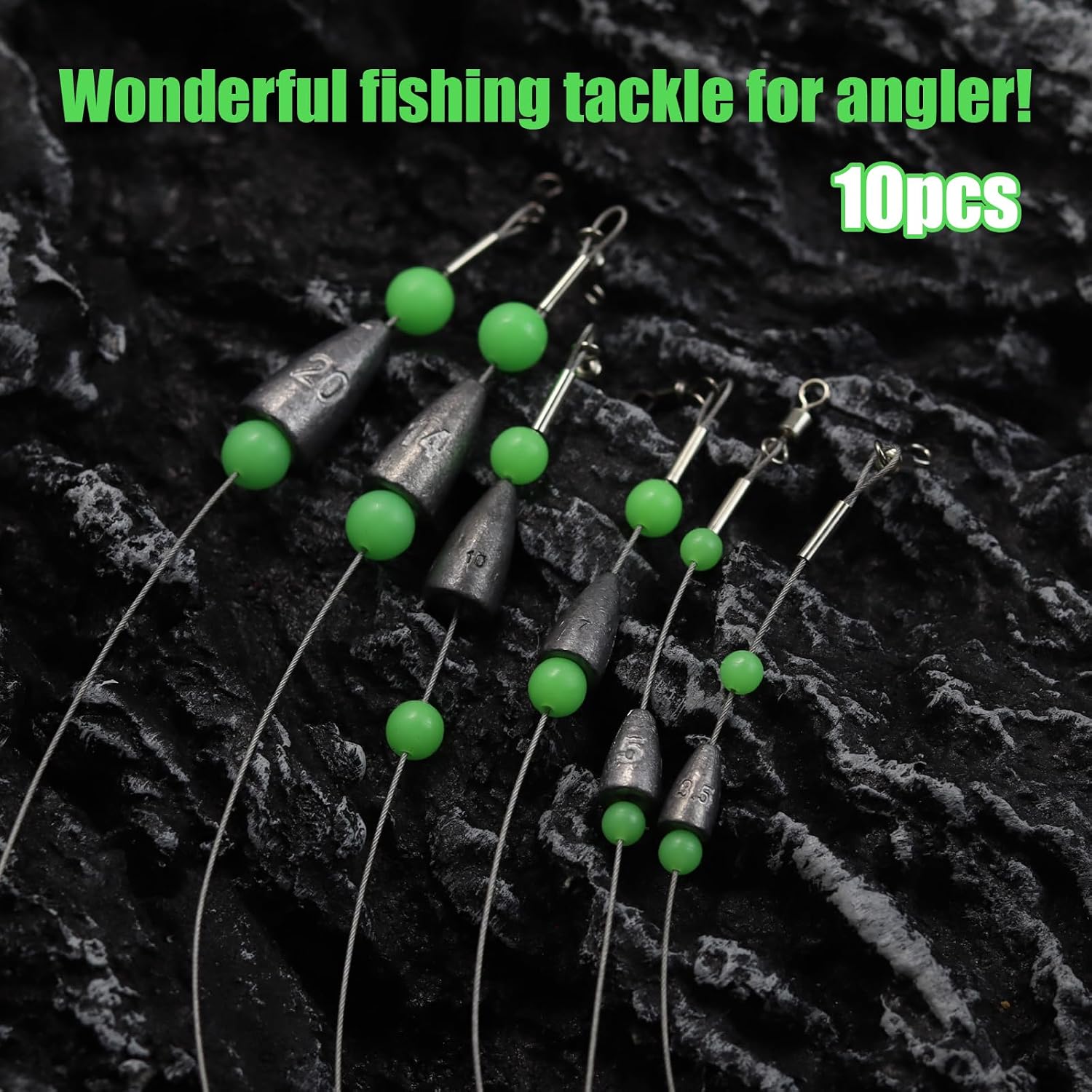 Fishing Leaders with Weights, 10 Pack 176LB Wire Leader Rigs with Bright Glow Beads, Swivel and Snap, Pre-Rigged Bottom Fishing Tackle