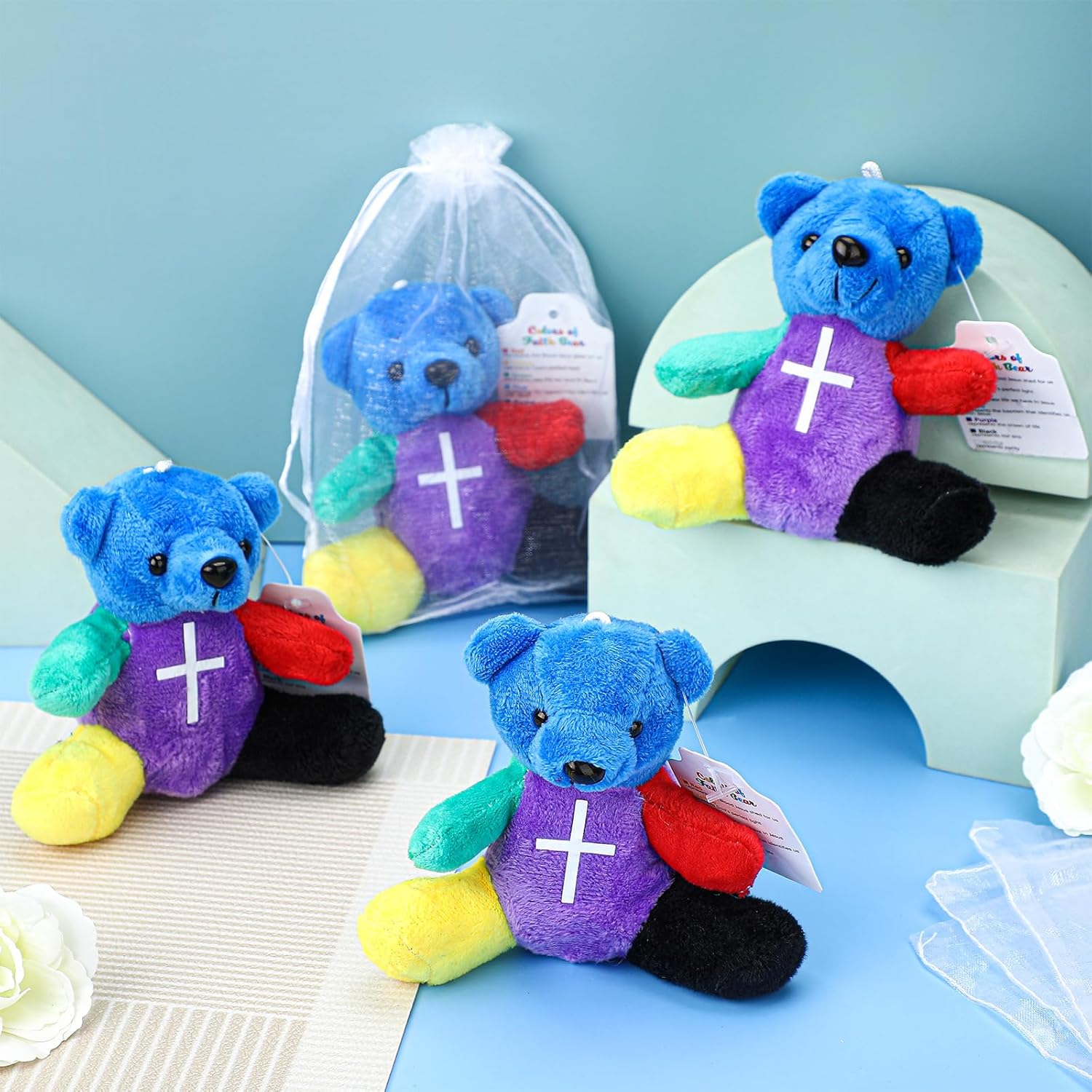 Silipull 12 Pcs Rainbow Stuffed Bears 4" Religious Plush Bears Easter Color of Faith Mini Bible Verse Plush for Party Favor Gift Box Stuffers