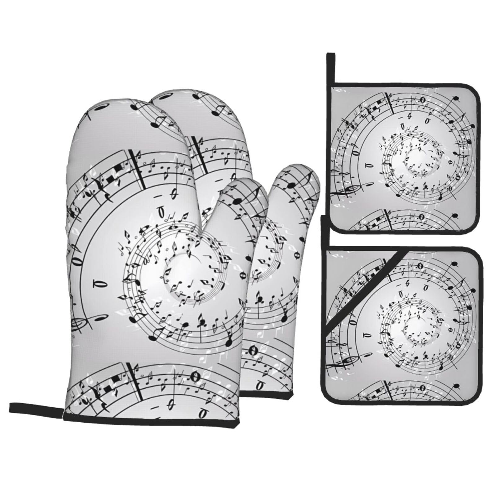 YYHHAOFA Music Note Wall Prints Kitchen Baking Set with Heat Resistant Pot Holders & Oven Mitts - Waterproof Layer for Hot Dishes, Grill & Microwave