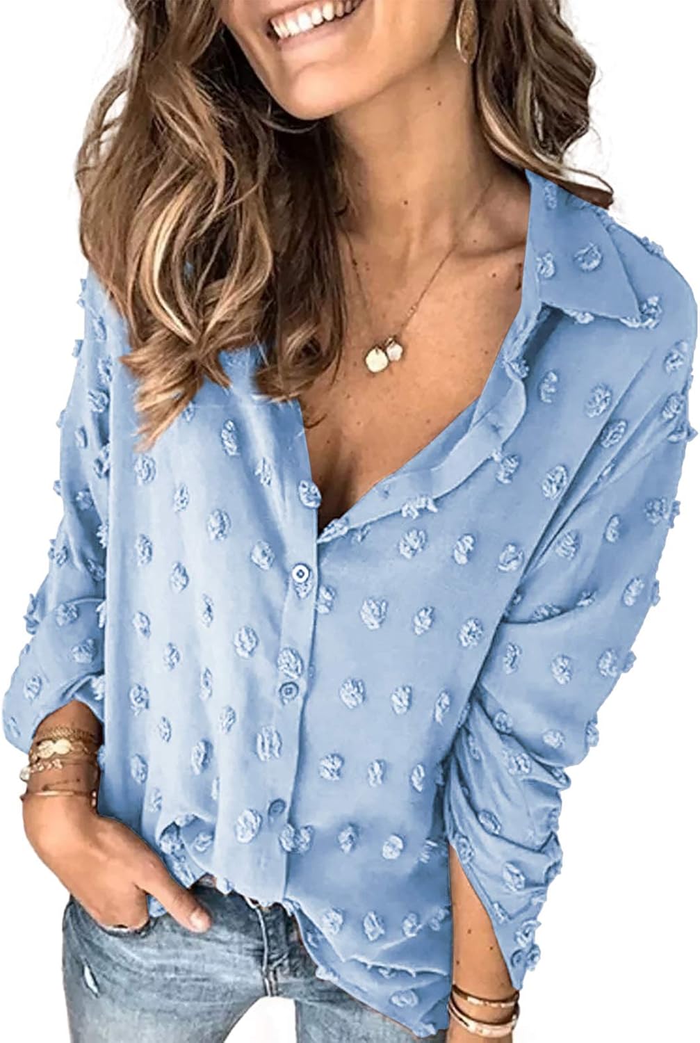 Astylish Womens Pompom Button Down Shirt Casual Blouse Top at  Women’s Clothing store