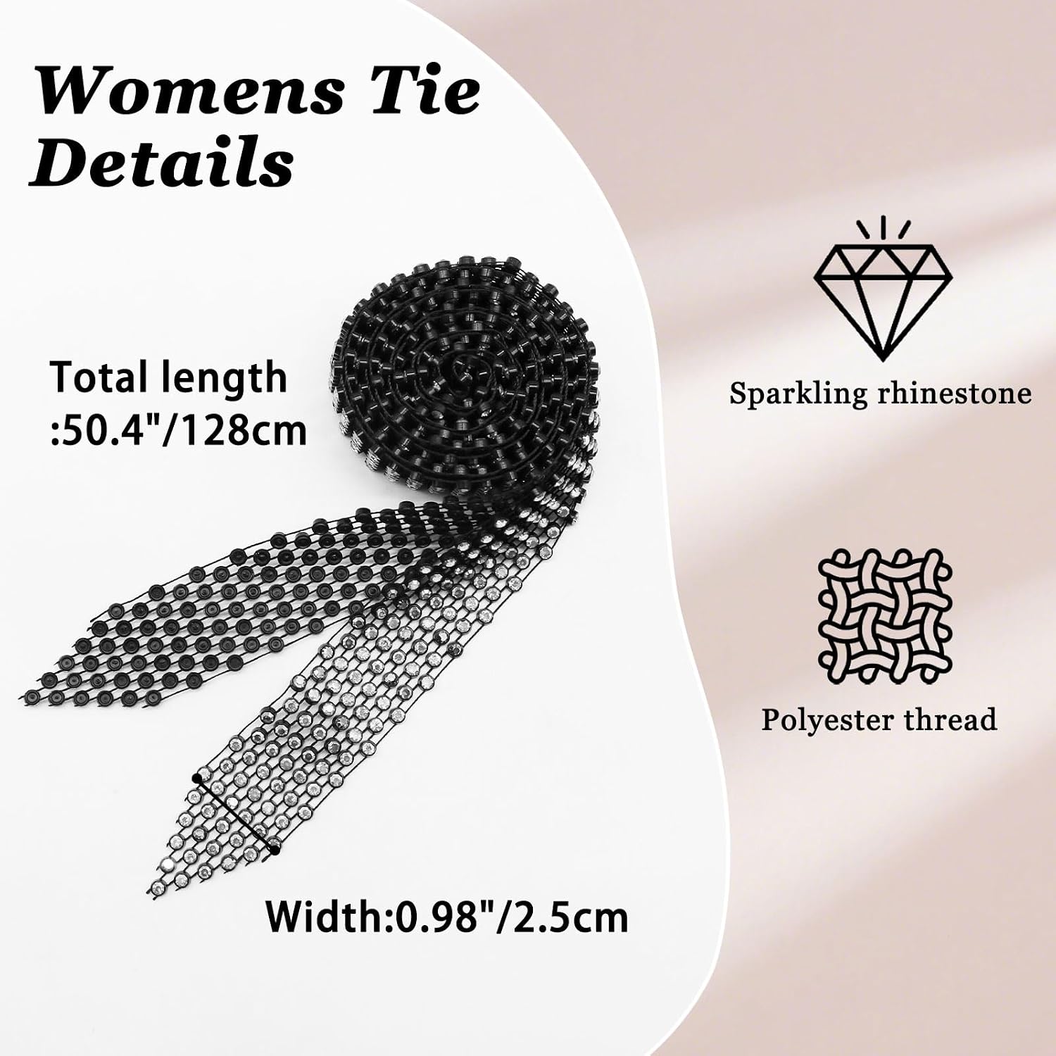 LJBFNN Ties for Women, Long Rhinestone Tie for Girl Sparkling Crystal Thin Necktie for Party Prom Cosplay Daily