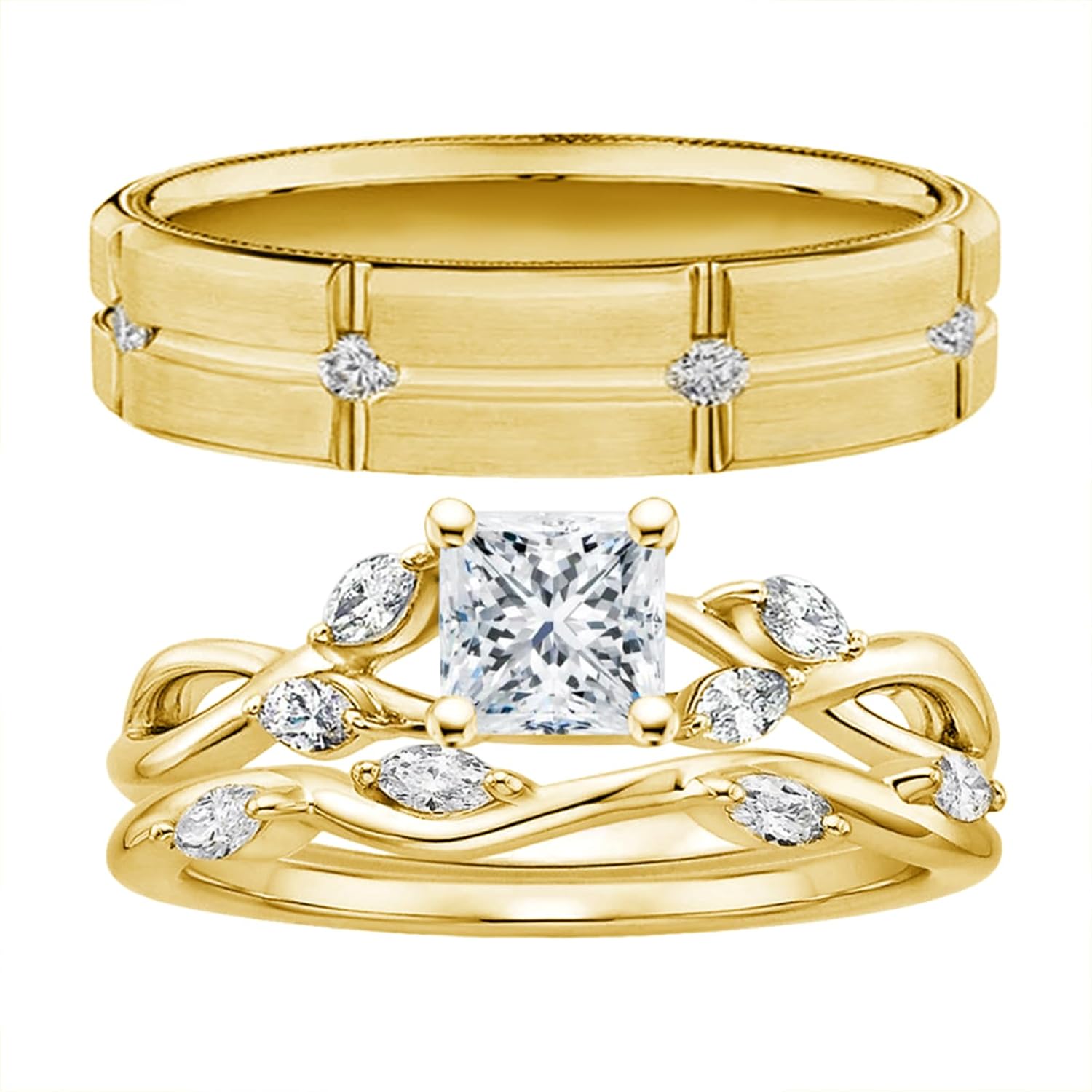 10K 14K 18K Yellow Gold Couple Ring Set, 3PCS Princess Cut Moissanite Couple Ring Sets for Men and Women, Infinity Matching Wedding Band Promise Rings for Him and Her