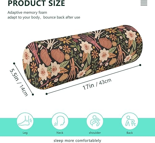 Miniatura 3 de Almohada de almohada floral de huesos de Halloween para piernas, almohada de espuma para el cuello, almohada redonda, almohadas cilíndricas, soporte