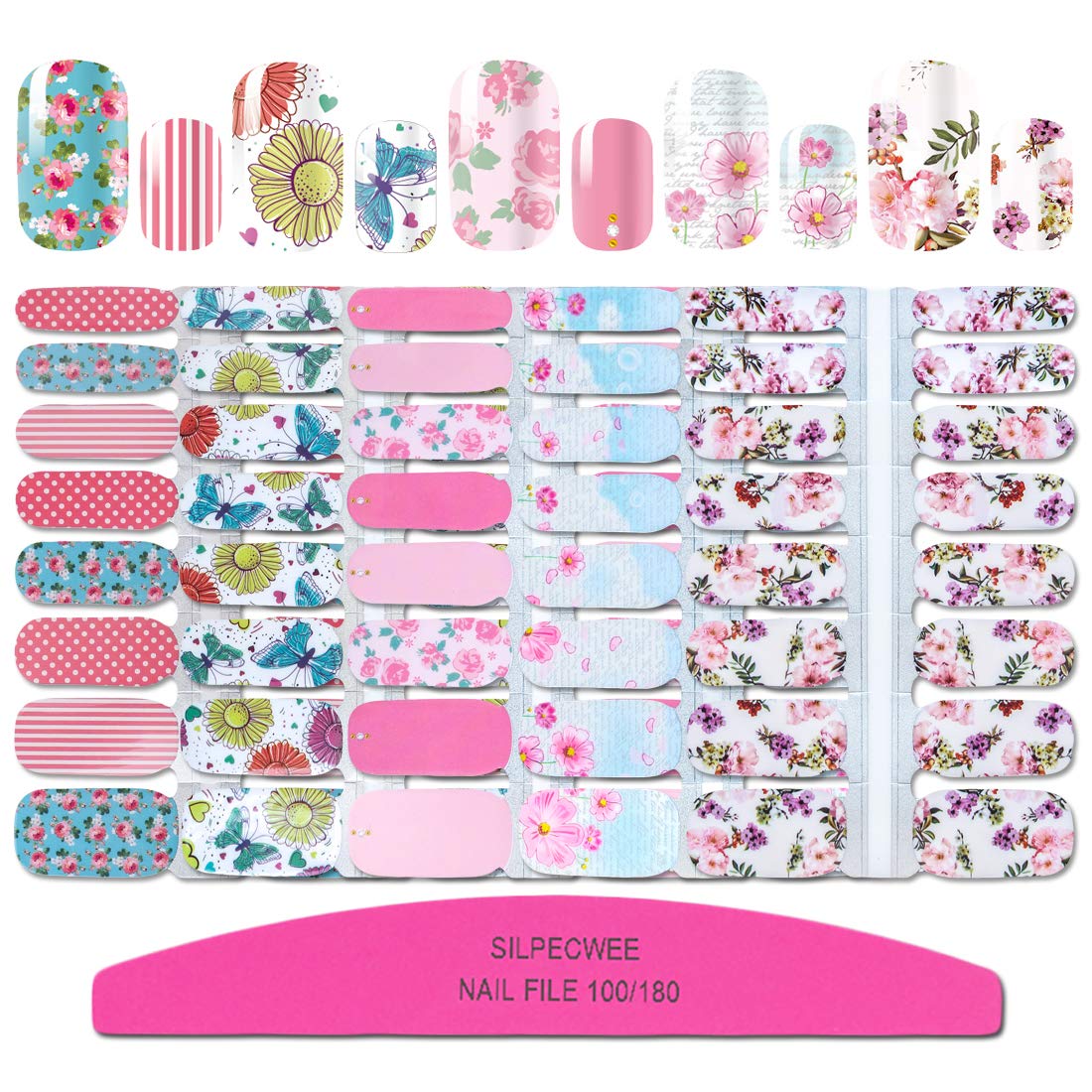 SILPECWEE 5 Sheets Flower Nail Polish Strips Adhesive Nail Stickers Full Nail Wraps Nail Decals Tips Nail Art Accessories with 1pc Nail File