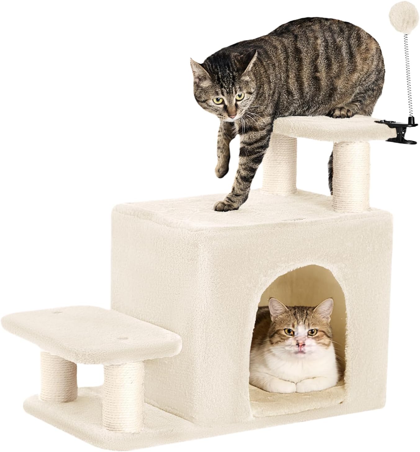 Happi N Pets Dog Stairs with Cat Scratching Post & Large Condo, Stable Pet Steps for High Beds Couch, 3 Combinations Cat Ramp Tree Tower for Cats or Small Dogs, Removable Cushion & Bonus Toy, Beige