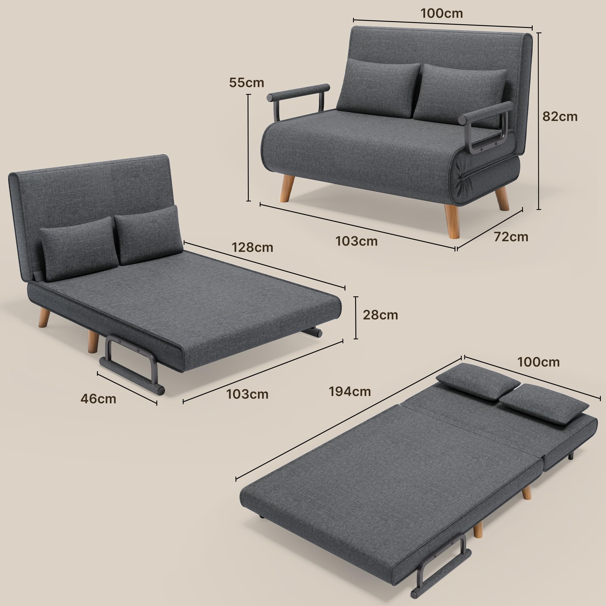 Xbro Schlafsofa 2-Sitzer mit Bettfunktion, Schlafsessel mit Bettfunktion mit Verstellbarer Rückenlehne und 2 Kissen, Sessel mit schlaffunktio für kleine Wohnung (Dunkelgrau)