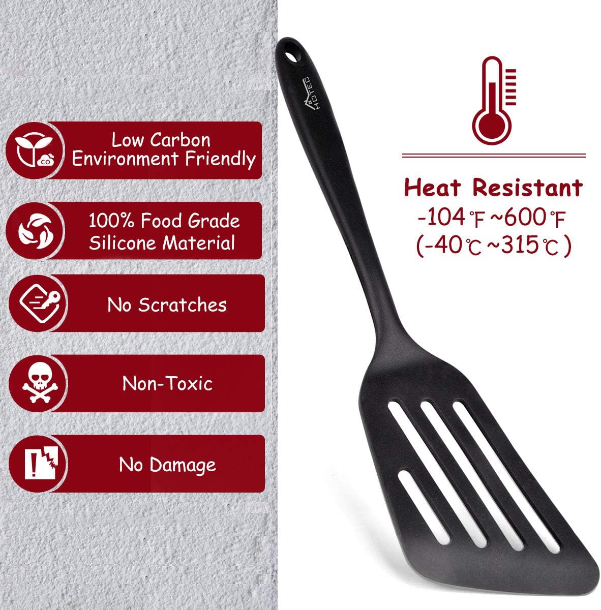 HOTEC Silicone Slotted Fish Turner Spatula Set Flipper Spatulas for Baking, Cooking Heat Resistant Non Stick Cookware Strong Dishwasher Safe Black,2: Home & Kitchen