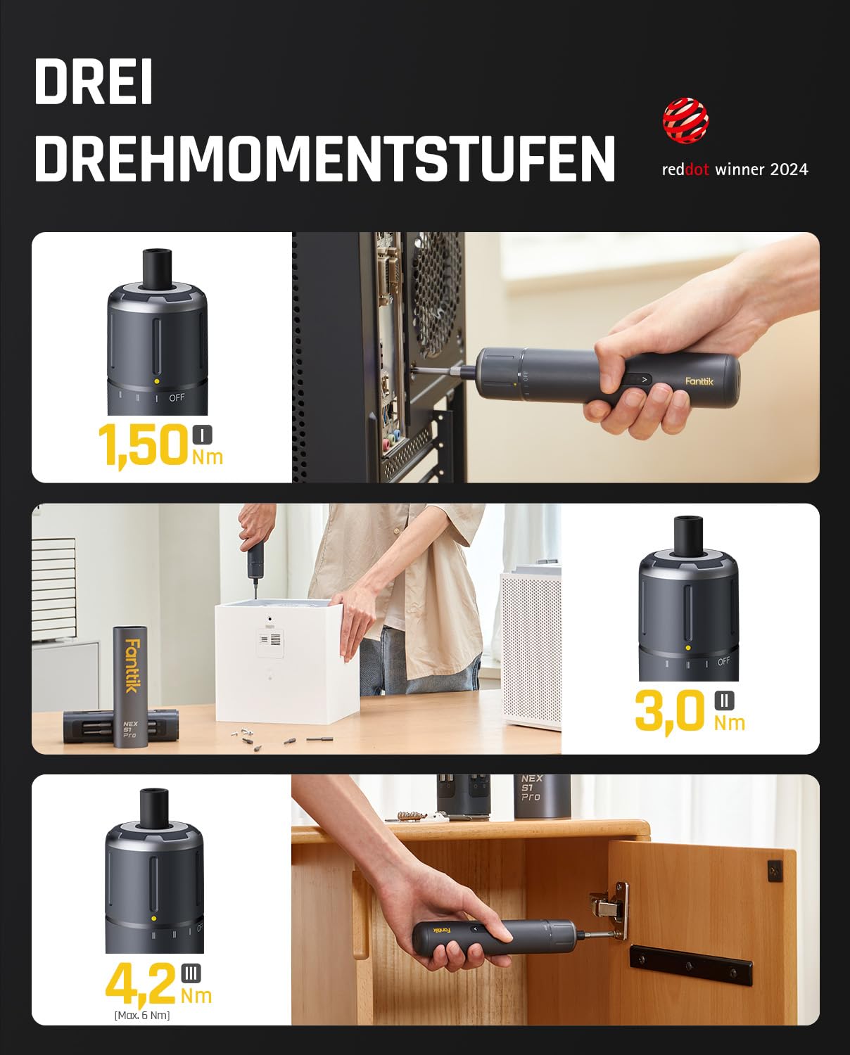 Fanttik S1 Pro 3.7V Magnetische Electric Screwdriver, Leistungsstarkes-Schraubendreher-Set mit 16 Bits, Einstellbare 3 Drehmomente bis zu 6 Nm, 2000-mAh-Akku, Geeignet für die Möbel/Computerreparatur