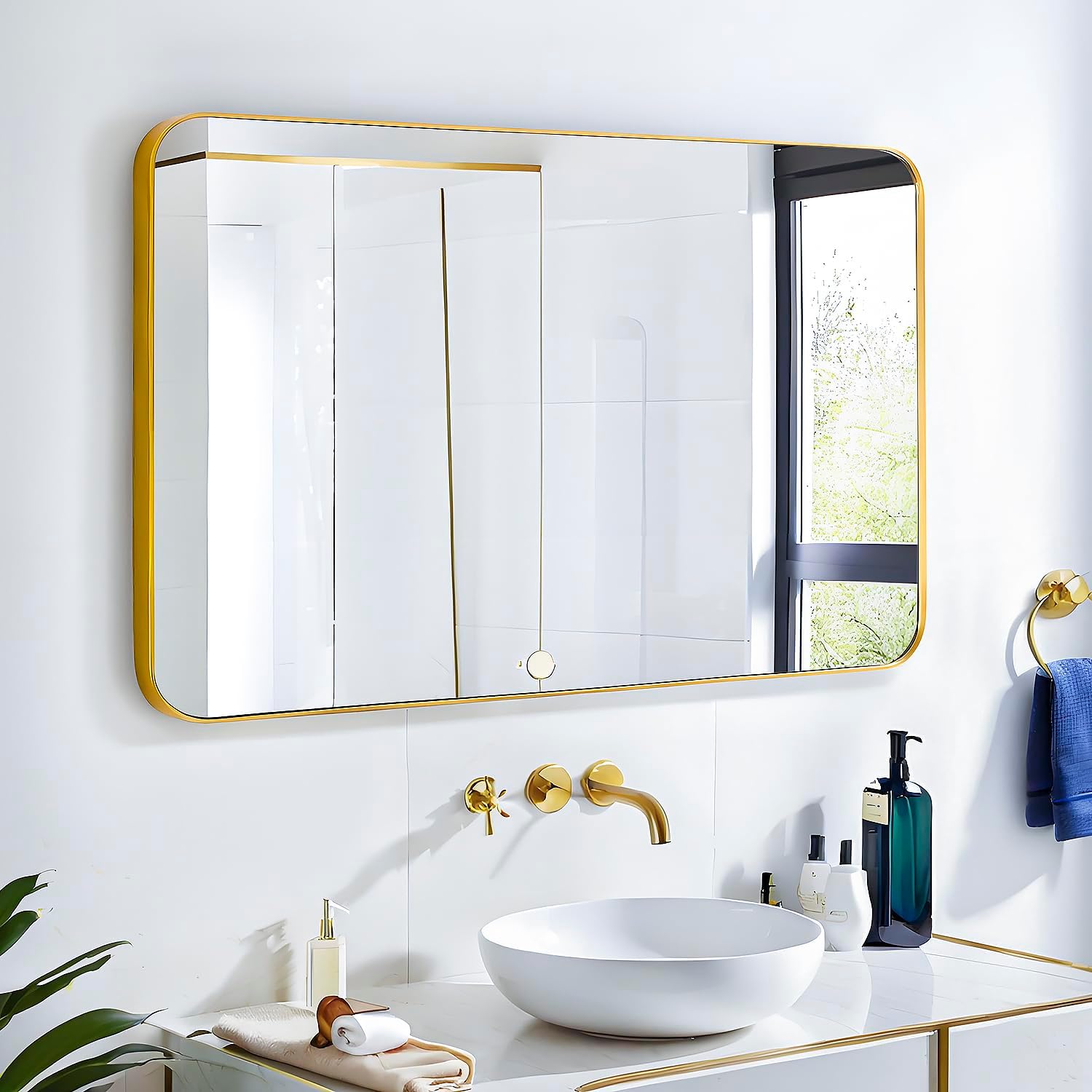 24x36 Mirror Rectangle Full Length Wall Mounted Hanging or Against Wall Metal Frame Dressing Make-up Mirrors for Bathroom Entryway Bedroom Living Room 24 36 36x24 inch Gold
