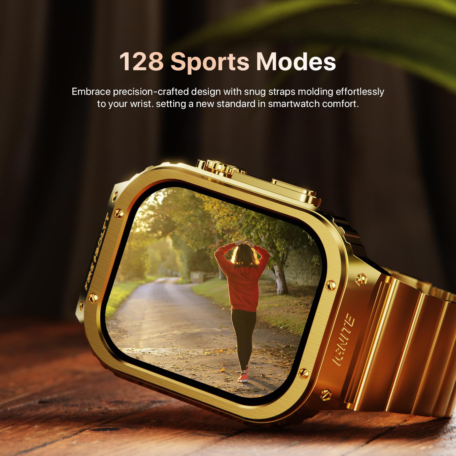 Fire-Boltt Maverick Smartwatch displaying a workout screen for running, highlighting 128 sports modes.