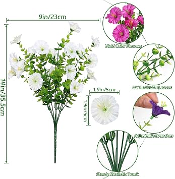 Weldomcor 12 Bundles Outdoor Artificial Flowers UV Resistant Artificial Morning Glory Shrubs Greenery Artificial Plants for Hanging Planter Home Kitchen Garden Porch Window Box Decor (6 Colors)