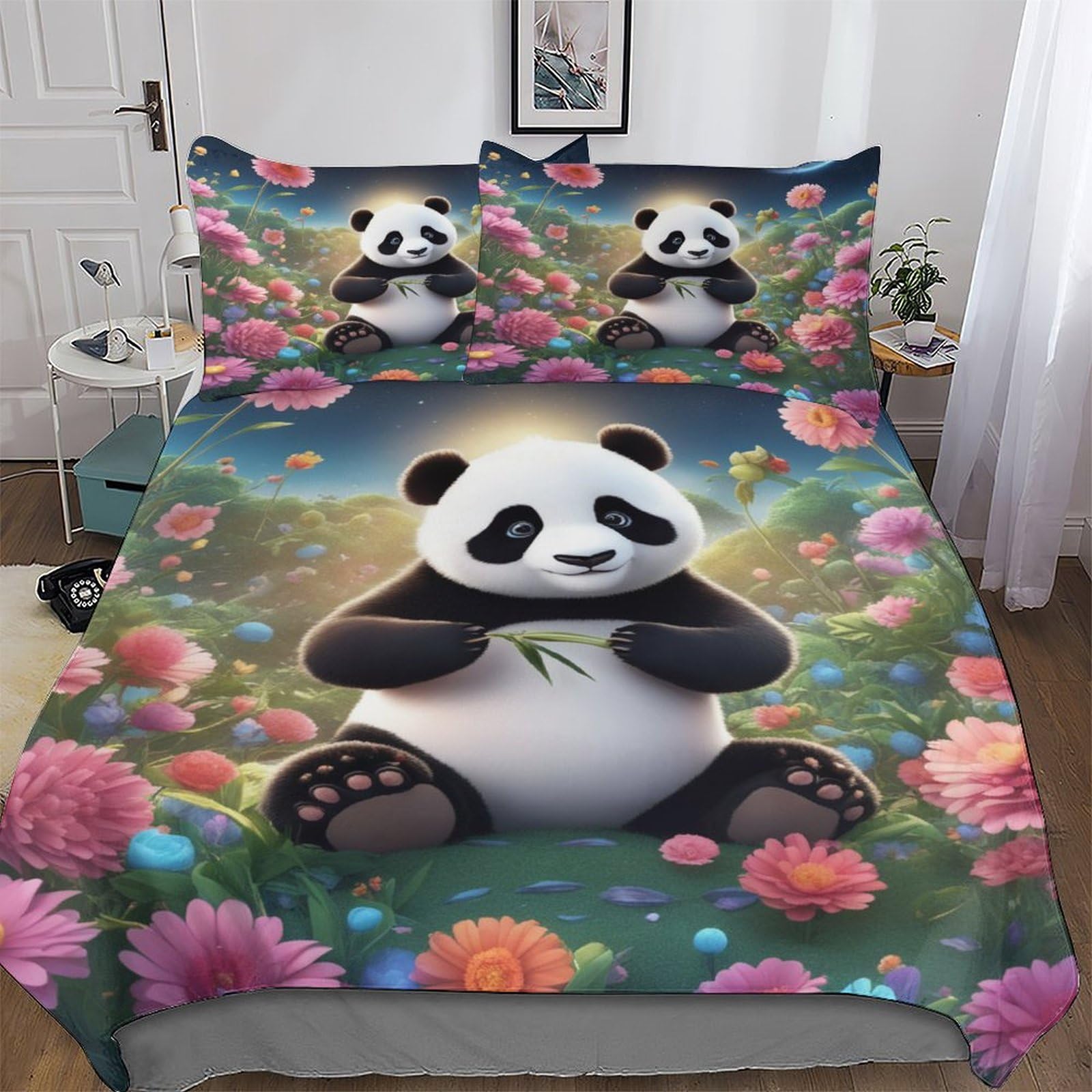 Cute Panda 3D Duvet Cover Bedding Set with Pillowcases Cosy Super Soft Bed Linen Quilt Cover 2 PCs for Kids, Youth And Adult Brushed Microfiber Comforter Cover Single (135x200cm)