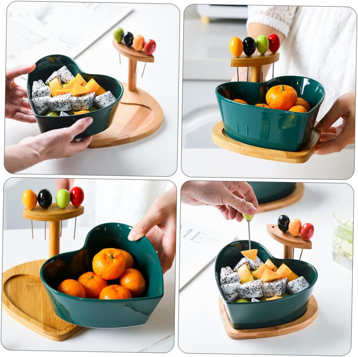 Ceramic Heart-shaped Fruit Bowl with Forks 1pcs Green Porcelain Salad Serving Dish for Household Kitchen Dining and Snack Use
