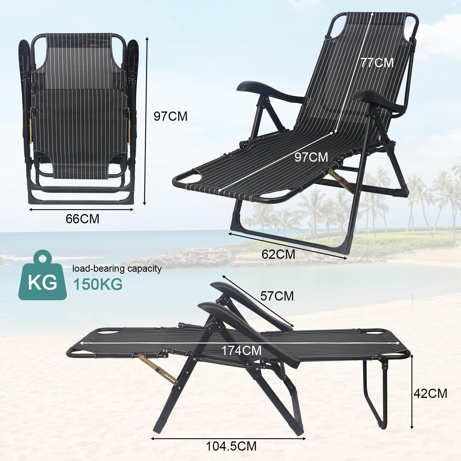 Chaise Longue Jardin Exterieur, Dossier RéGlable 7 Positions, Chaise Longue Pliante avec Coussin et Appuie-TêTe, Capacité 150kg, Transat Pliable pour Jardin, Balcon (Noir) (Noir foncé)