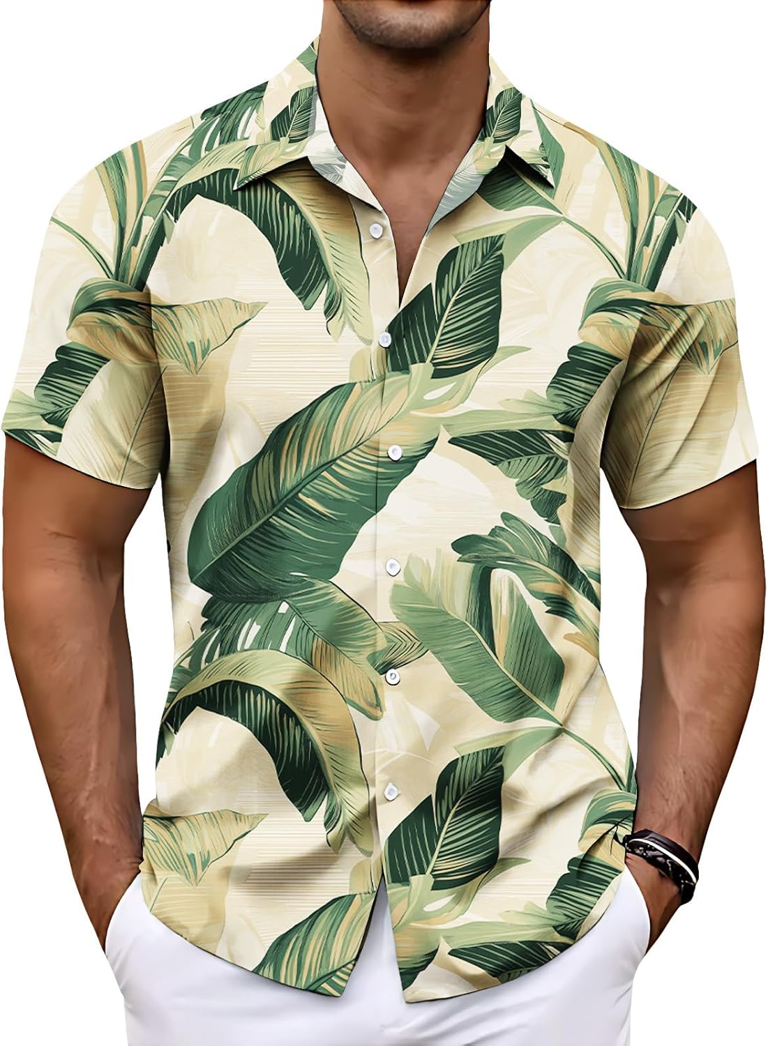 Mens Short Sleeve Button Down Shirt Feather Print Lightweight Casual Summer Beach Vacation Top Classic Loose Fit
