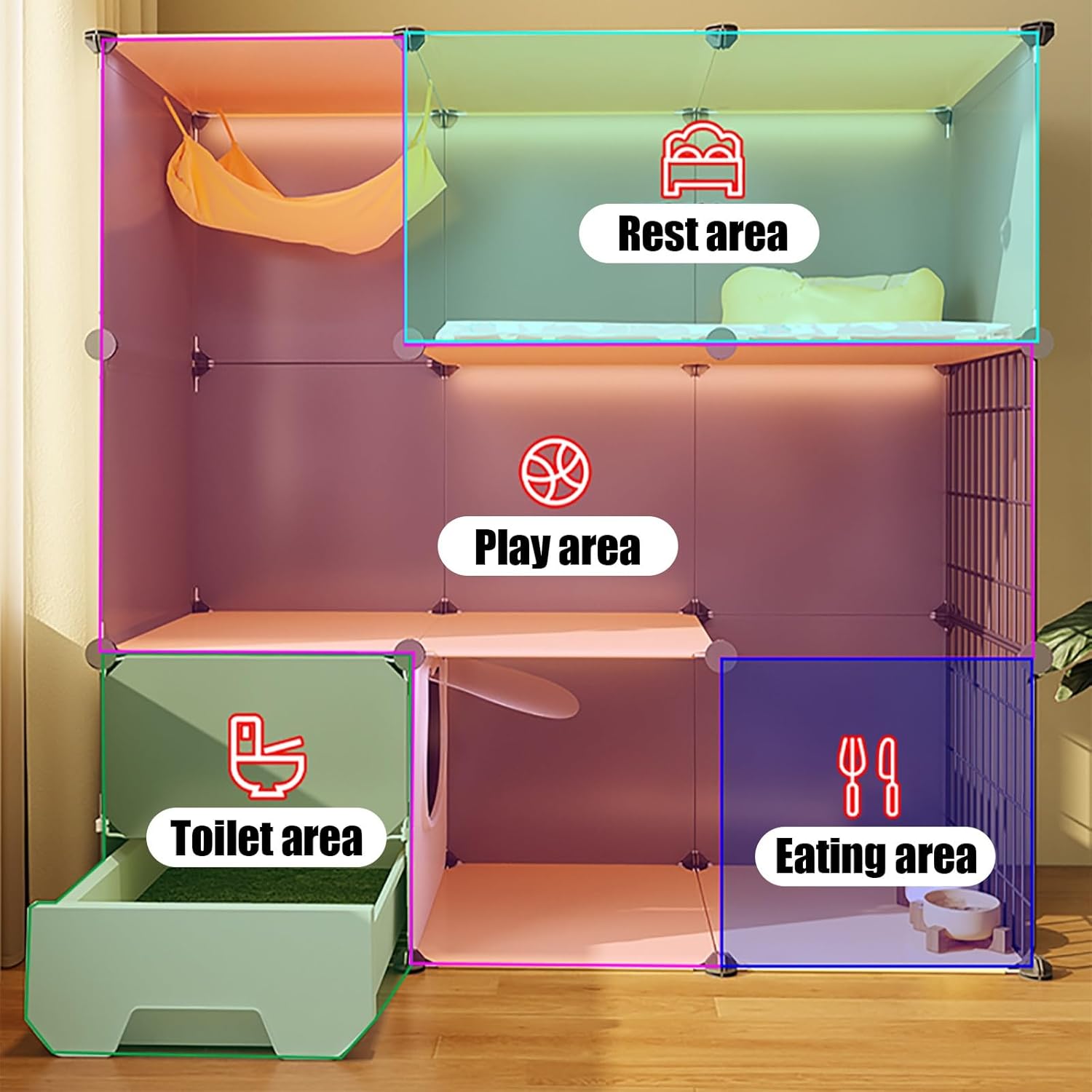 Indoor Cat Cage, Cat Enclosure, Cat Kennels, Foldable Pet Cage, Freestanding Litter Box, Wire Kennels, Easy Assembly, Large Space for,109 * 39 * 107cm/43 * 15 * 42