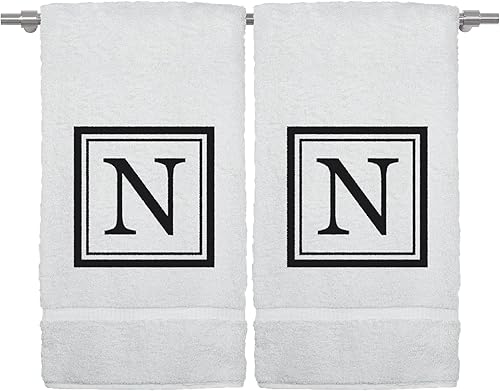 Miniatura 103 de Monogrammed Hand Towel, 16 x 30 Inches Set of 2, Personalized Gift- White Letter Embroidered with Square Design on Black Towel - Extra Absorbent