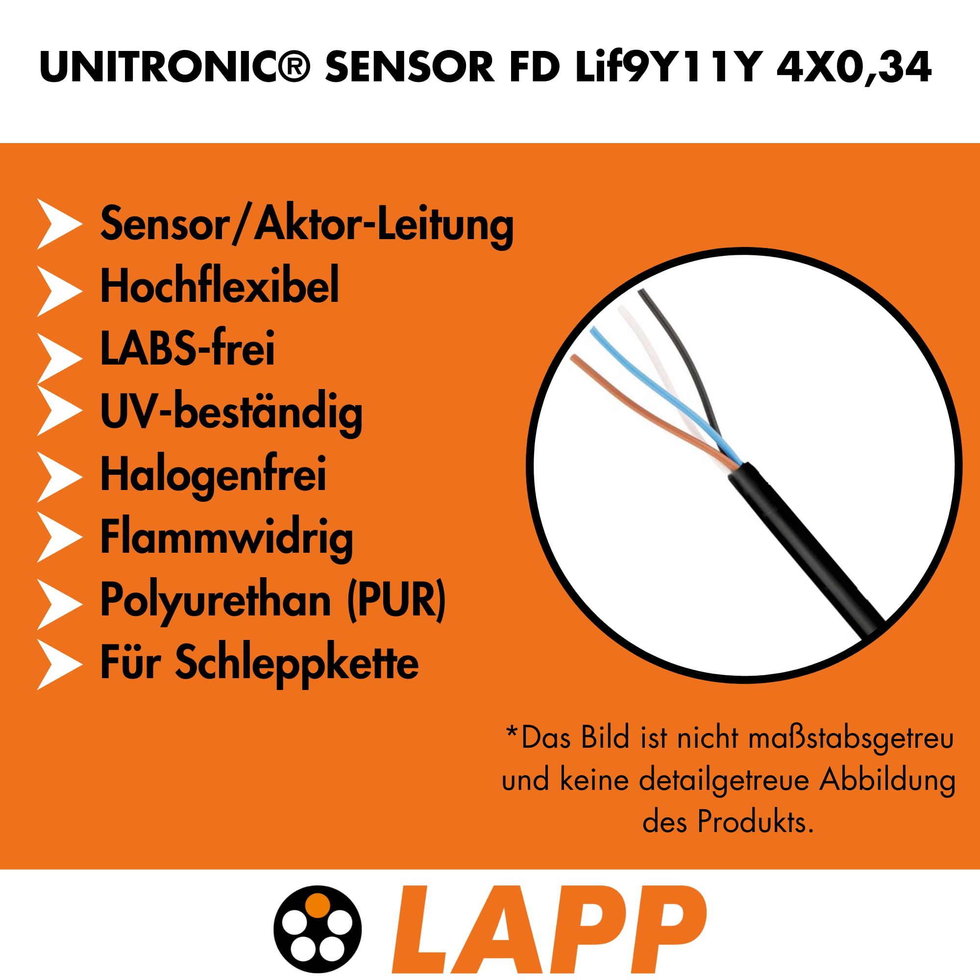 Lapp 7038865 - Cavo sensore Unitronic FD Lif9Y11Y, 4 x 0,34 mm², cavo dati altamente flessibile, resistente ai raggi UV, per catena da traino, 4 fili, colore nero