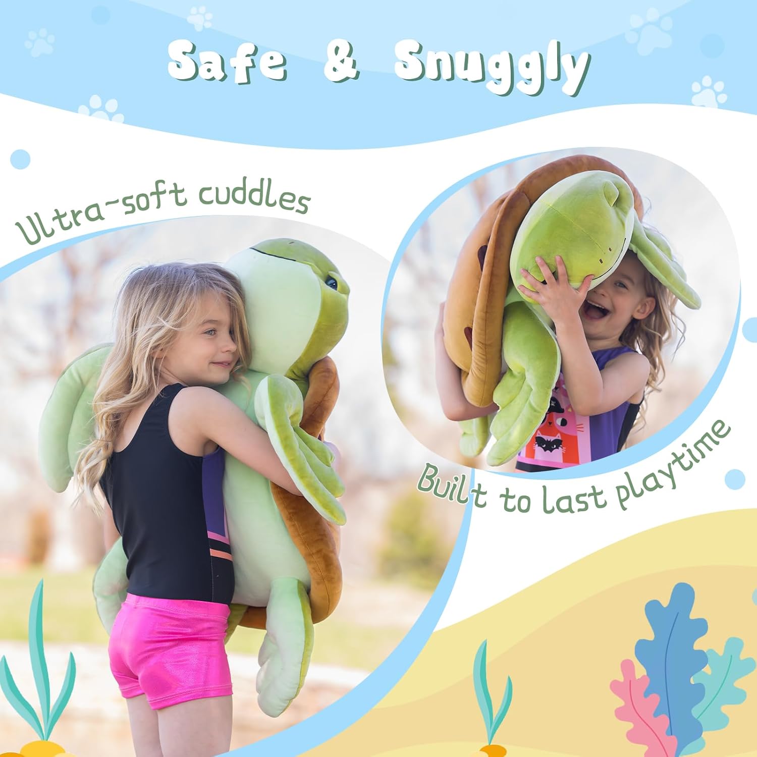 Muiteiur 28Inch Sea Turtle Stuffed Animal, Large Plush Pillow Toy, Soft Stuffed Turtle with Cute Footprints, for Kids