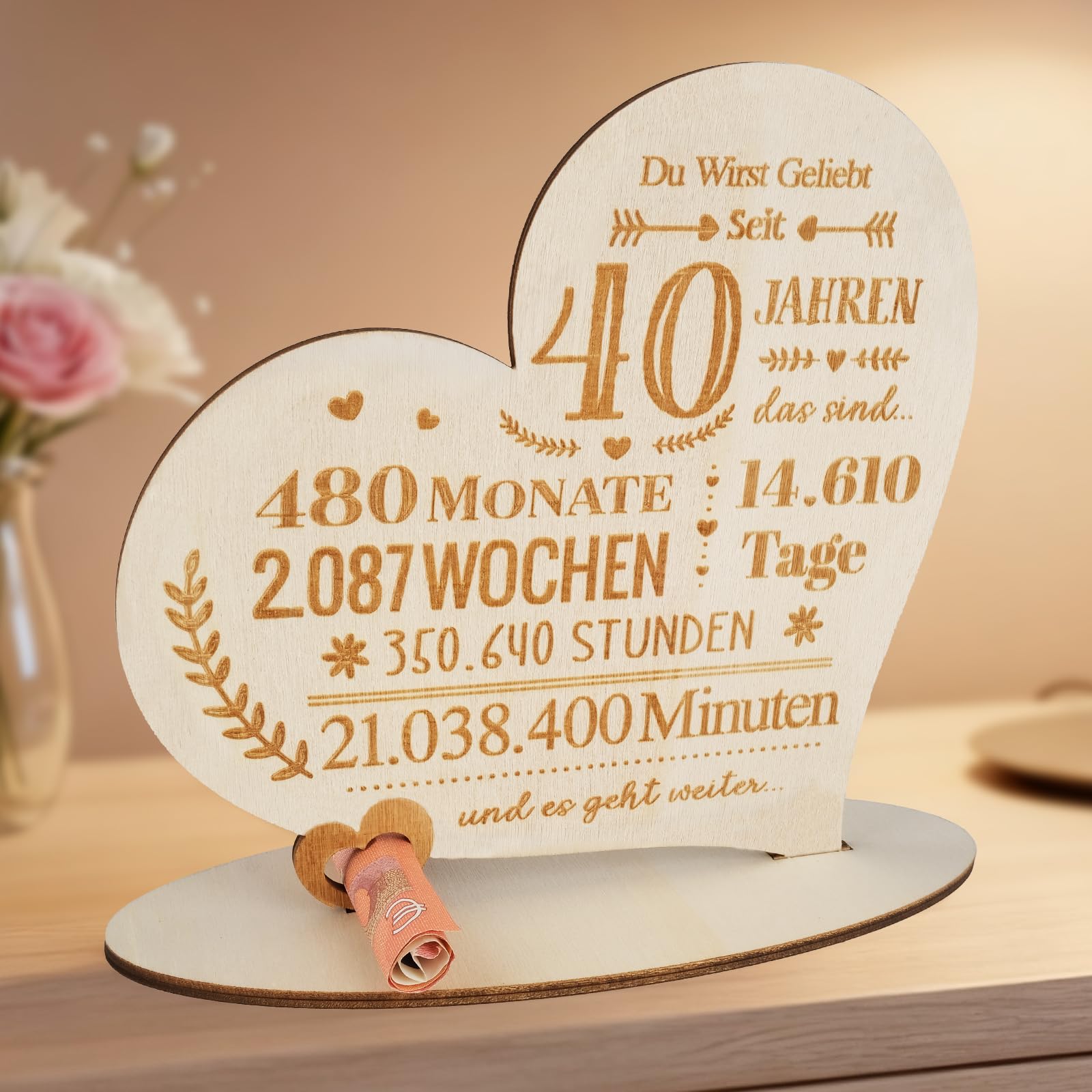ARTREE Geldgeschenk 40. Geburtstag, Rubinhochzeit Geldgeschenk Holz Herz mit Zeitangaben – Tischdeko & Geldgeschenk in einem, Jubiläum Geschenk