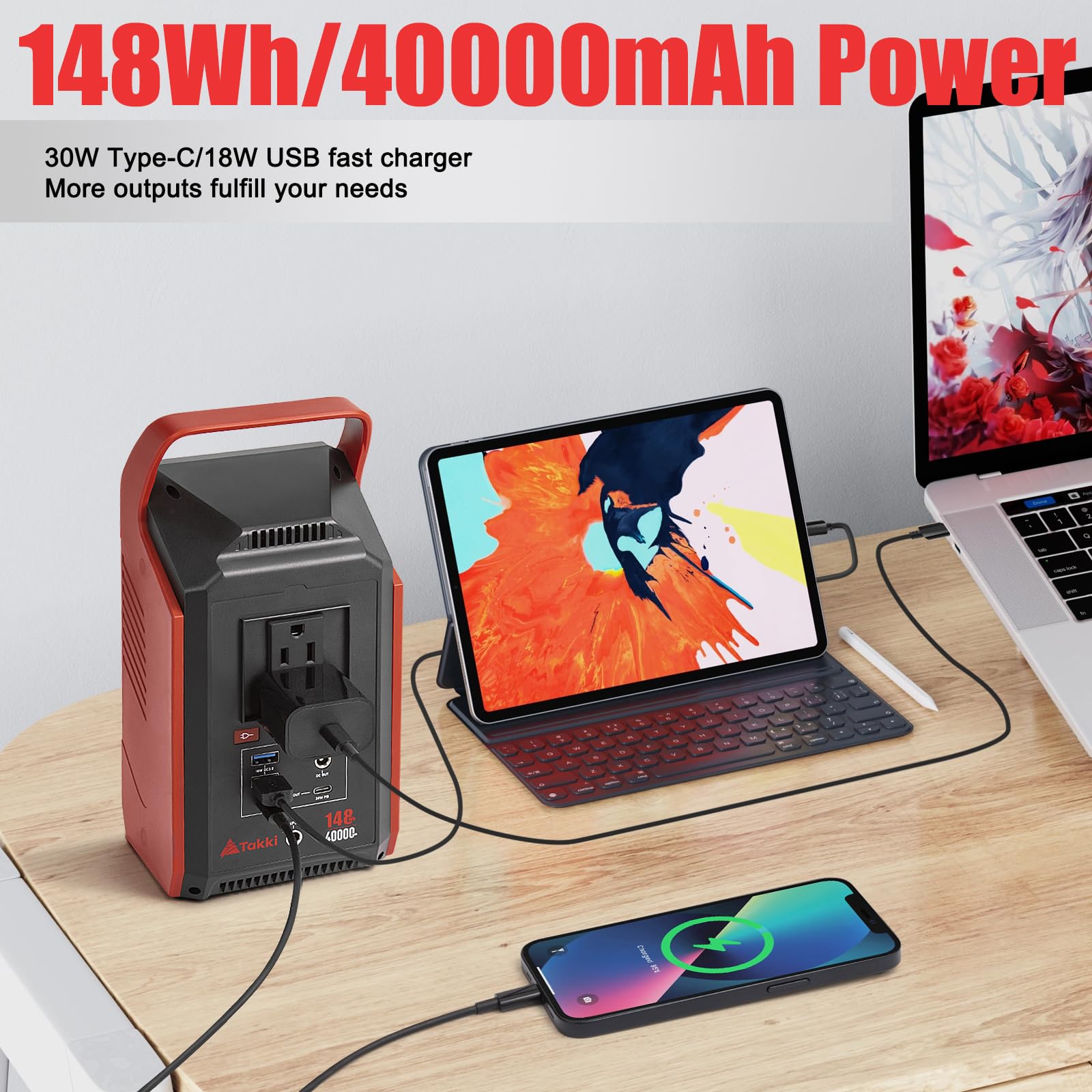 Takki 300W Peak Solar Generator 148Wh with 40W Solar Panel Included Camping Portable Power Station Power Bank with 110V AC Outlet for Home Use Camping Emergency Hurricane — view 2