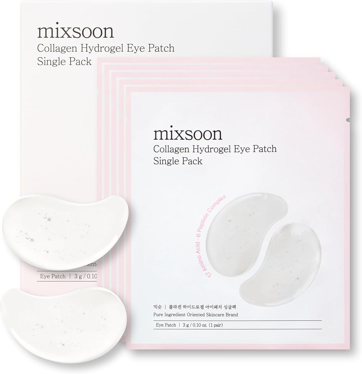 mixsoon Collagen Hydrogel Eye Patches Single Pack Travel Size Hydrating Gel Eye Mask with Collagen, Peptides and Amino Acids for Under Eye Skin Care 3g*5 pairs(eatch pack) Korean Glass Skin Care
