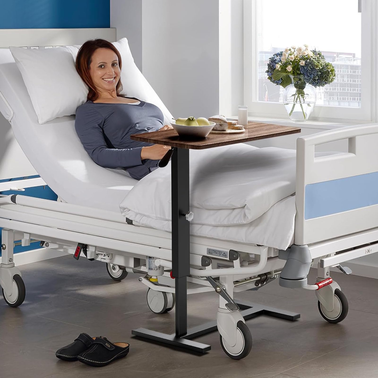 LINCYS Mesa de Cama con Palanca de Ajuste – Base en H Robusta, Desplazamiento Suave, antiarañazos – para Cama hospitalaria, salón, balcón, Trabajo Sentado o de pie – Montaje rápido