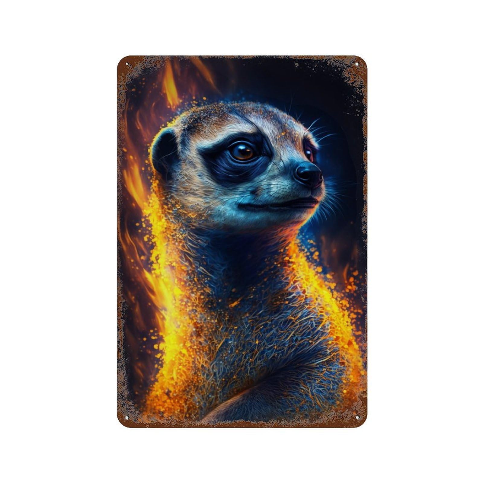 Flaming Meerkat Art Print Rustic Tin Plaque 11.8"x7.9", Rustic Home Decor for Office, Studio And Wall Decor