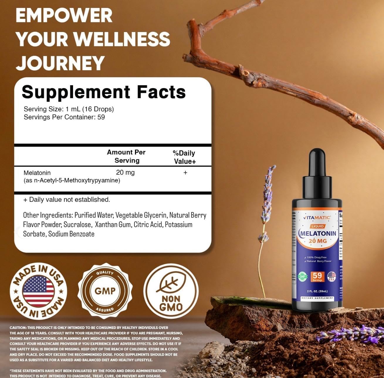 Vitamatic 2-Pack Melatonin 20mg Liquid Drops - 2 fl oz (59 ml) Each - Natural Berry Flavor - Non-GMO, Vegetarian Supplement for Adults - Image 2