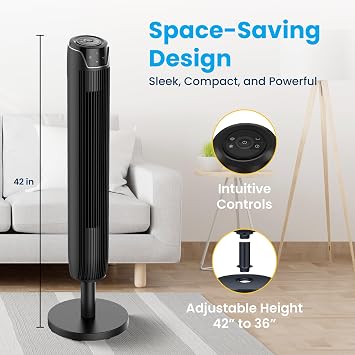 Senville 42 Oscillating Tower Fan for Bedroom, Remote, Bladeless, Quiet, 3 Modes, 7-Hour Timer, LED Display, Black