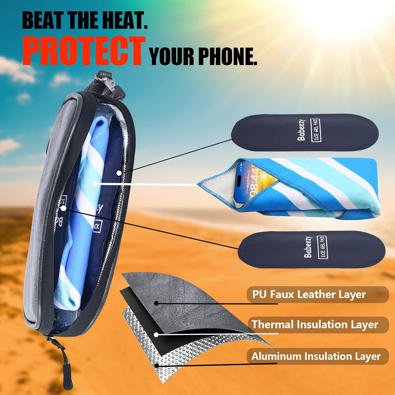 Thermal Phone Cooling Pouch for Beach & Pool iPhone Cooling Bag with 2 Reusable Gel Packs Prevent Overheating Phone Cooler Bag for Summer Heat