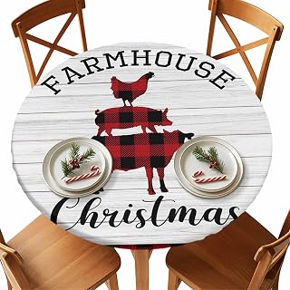 Round Fitted Tablecloth with Elastic Edge,Christmas Farm Animal Cow Pig Chicken Waterproof Circle Table Cover for Outdoor Indoor Party Tables Red Buffalo Check Retro Plank Tabletop Protector 36"-44"