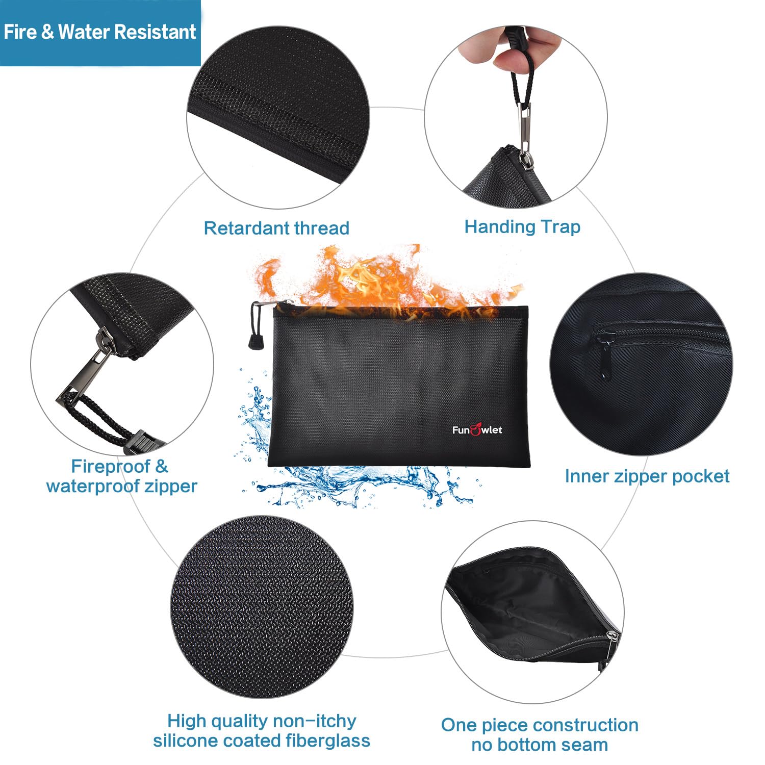 Bolsas ignífugas para documentos de dinero, paquete de 2 bolsas impermeables con cremallera de 13.4 x 9.8 pulgadas y 10.6 x 6.7 pulgadas, bolsa organizadora de almacenamiento resistente al fuego y al