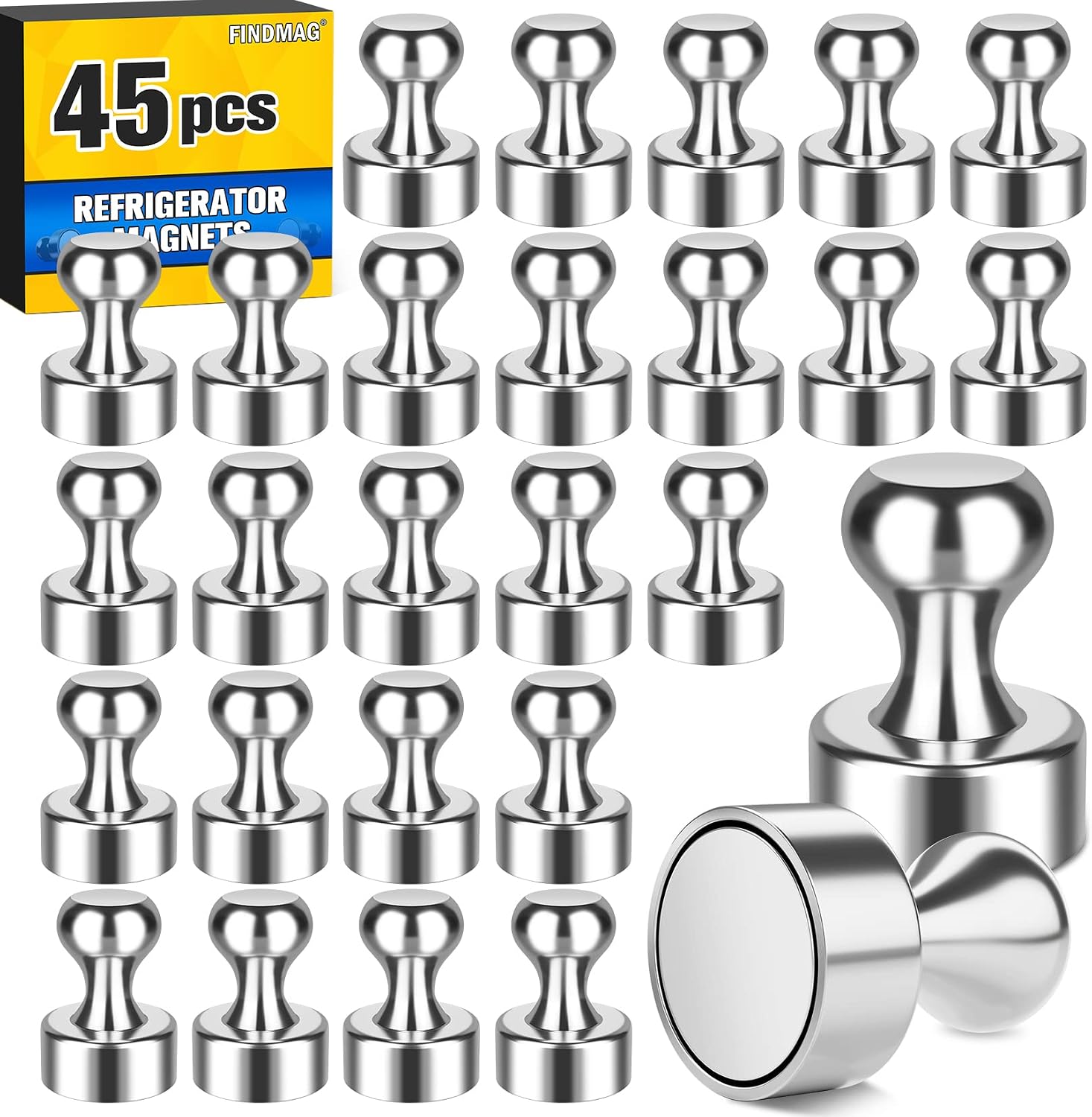 FINDMAG 45 Pack Fridge Magnets for Whiteboard, Strong Refrigerator Magnets, Small Neodymium Magnets, Tiny Magnets for Hanging, Map, Projects (Silver)