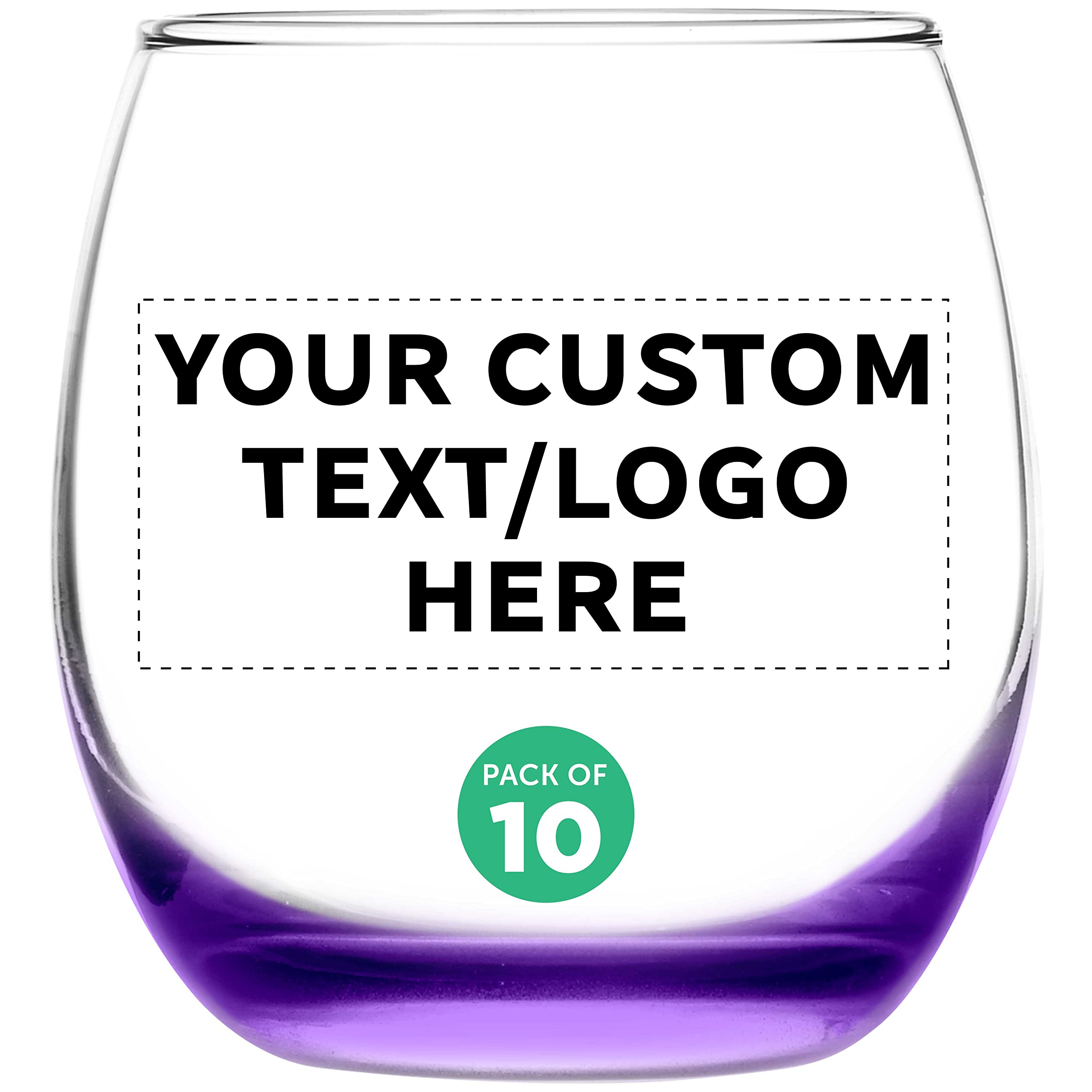 Custom Mikonos Stemless Wine Glasses 11.5 oz. Set of 10, Personalized Bulk Pack - Restaurant Glassware, Perfect for Red Wine, White Wine, Cocktails - Purple