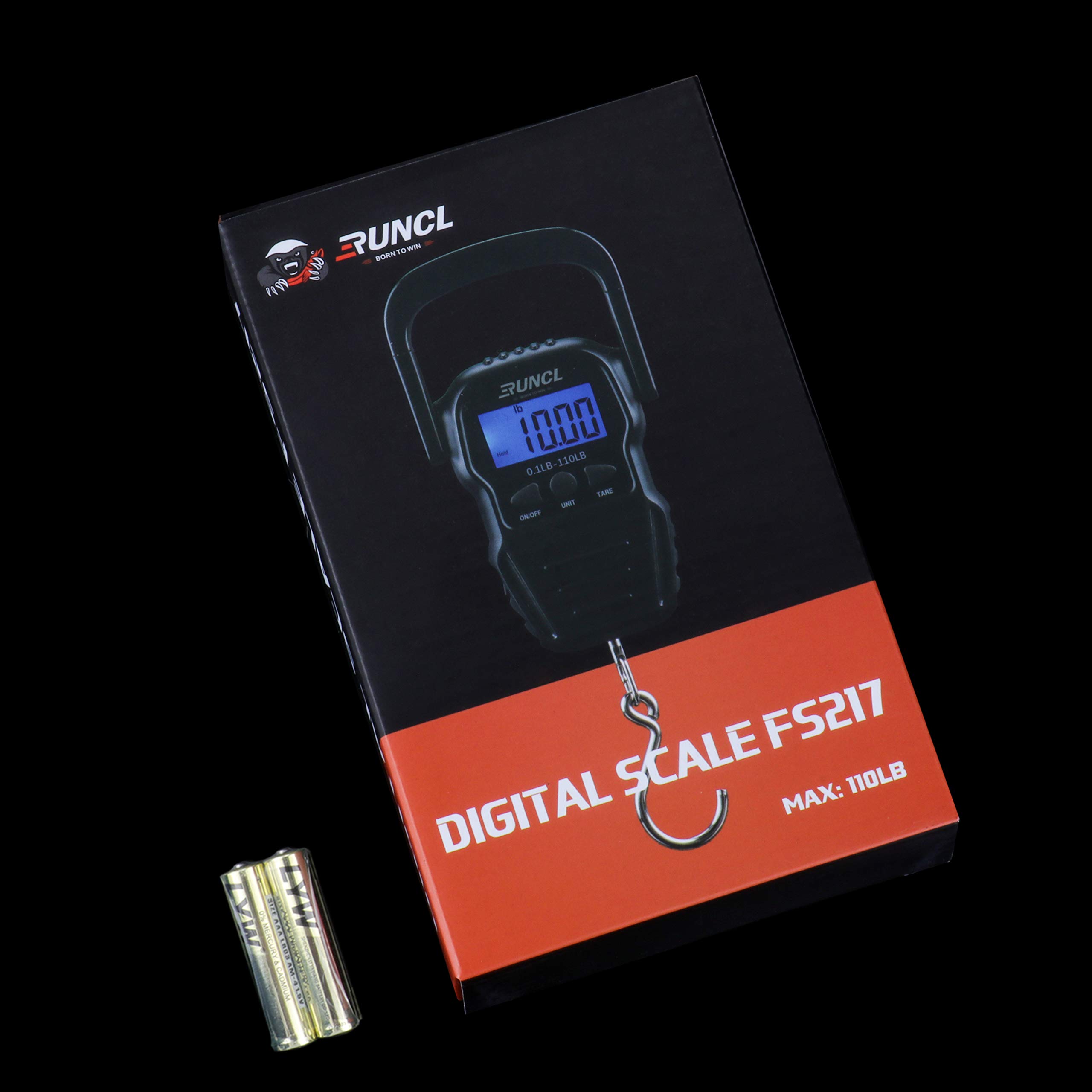 RUNCL Digital Fishing Scale, Portable Luggage Scale, Weight Scale 110lb/50kgs- LCD Display, Data Lock Function, Auto-Off, 63" Built-in Measuring Tape, Nickel Plated Hook - Fish Scale (Blue)