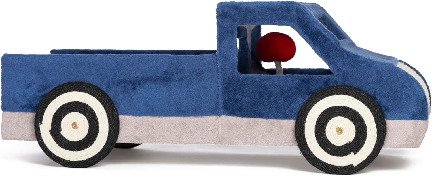 Prevue Pet Products Kitty-150 Cat and Dog Bed and Play Truck - Funny Novelty Dog & Cat Car Bed with Scratcher, Large & Cozy, Easy to Assemble, Removable Pillow, Included Swatting Toy - Blue