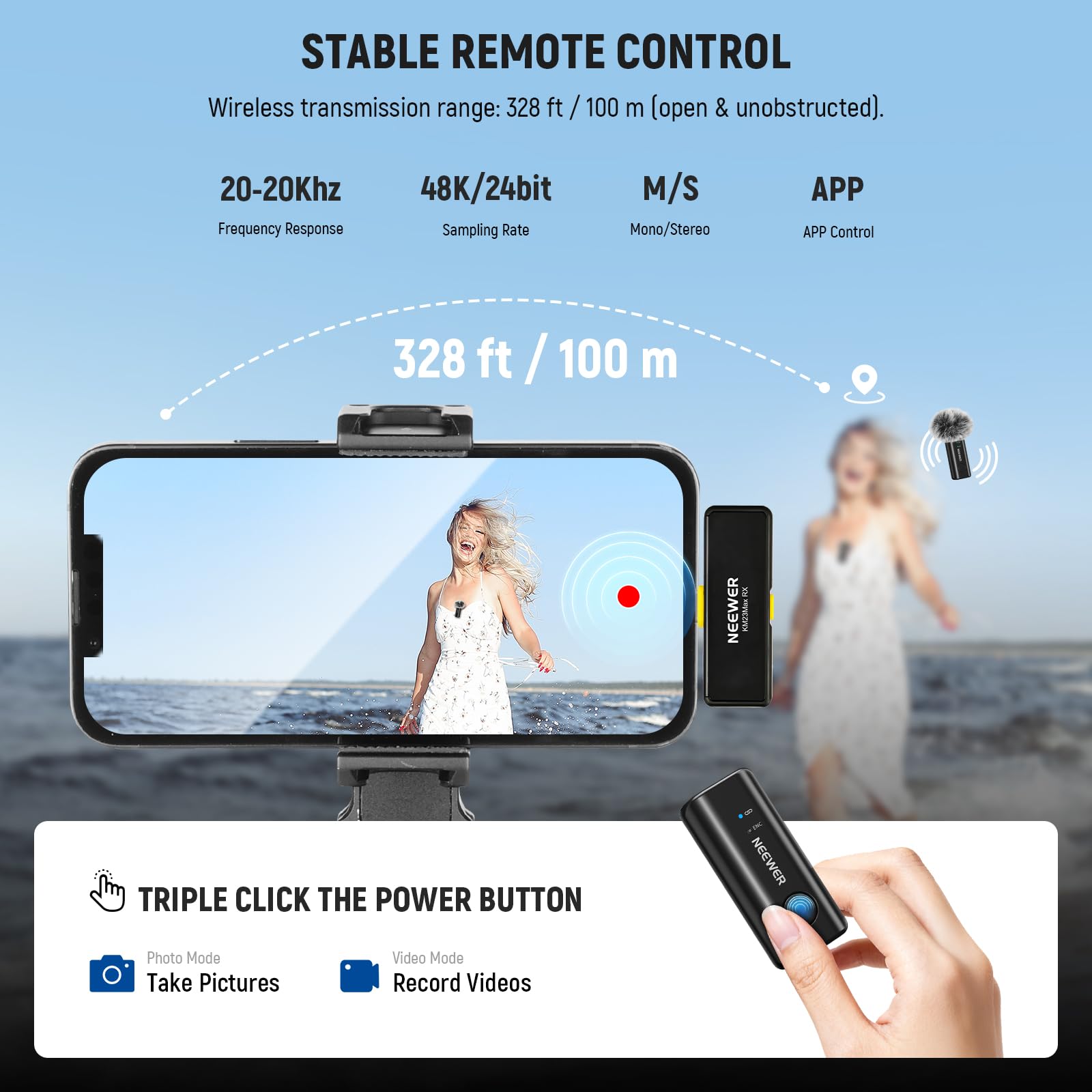 NEEWER KM23Max Bezprzewodowy mikrofon krawatowy 48 kHz/24 bit, zasięg 100 m, 8 H, bateria z redukcją szumów, wielokierunkowy mini mikrofon USB C, kompatybilny z DJI Insta360, iPhone, Android, PC (1x